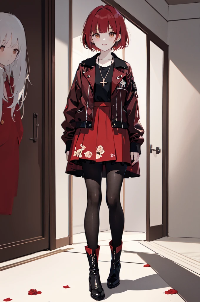 (masterpiece), (best quality), (ultra detailed),(disheveled hair),(illustration), (1woman), ((black attached skirt)(long red jacket with small red rose print)(pantyhose with black hearts)(black boots)), standing, Fashion model, looking at viewer, (interview), (casual background),beautiful brown eyes, delicate beautiful face, ,(high saturation),(colorful splashes),(shining), kamisato ayaka, red hair, bangs, short hair, (shining), best lighting, best shadow. catholic cross necklace. smiling sexy. blush