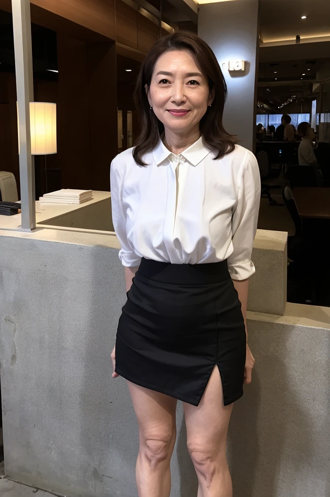 Highest quality、masterpiece、8k、Very detailed、Realistic、(One mature woman)、(Looking at me with a smile:1.5)、whole body、Black Hair、Small face、(Slender:1.2)、(Big Breasts:1.2)、(Business Wear:1.2)、(Short tight skirt:1.2)