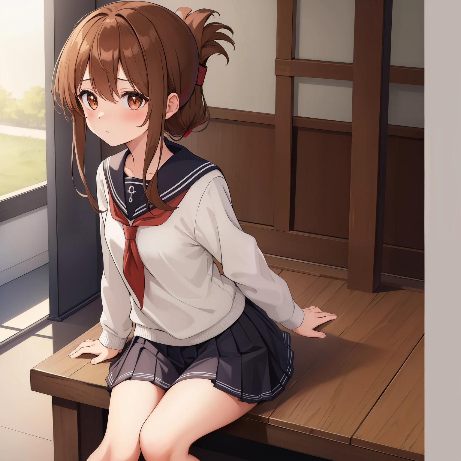 (masterpiece, highest quality:1.2),figure,8K,HD,1 girl,alone,Brown_hair,folded_ponytail,Brown_eye,serafuku,length_hair,School_uniform,skirt,pleats_skirt,An unwell high school girl wearing a miniskirt sailor uniform is sitting on the floor of the gymnasium and watching the gymnasium.