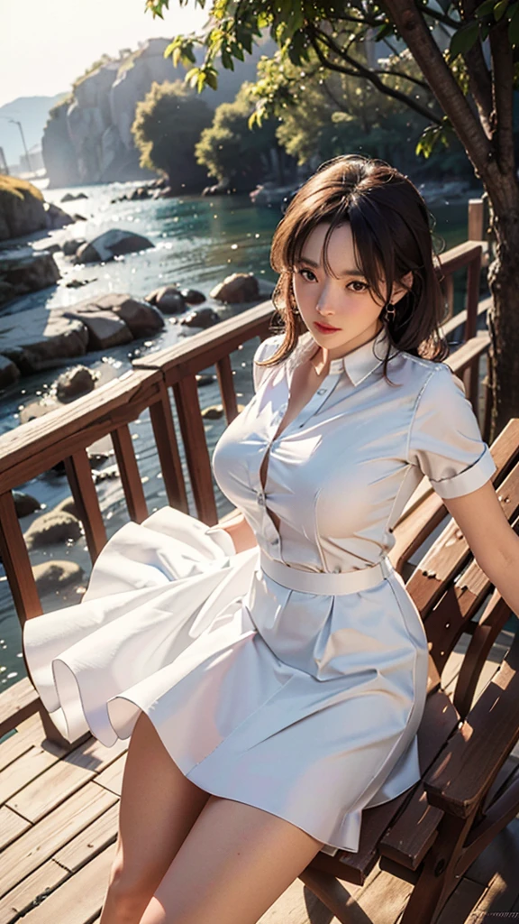 A girl in a white dress shirt, wearing a bright red skirt. (best quality,4k,8k,highres,masterpiece:1.2), ultra-detailed, (realistic,photorealistic,photo-realistic:1.37), portraits, vivid colors, studio lighting, beautiful detailed eyes, beautyful detailed lips, extremely detailed eyes and face, long eyelashes, landscape, sharp focus, HDR, professional, cotton fabric, shiny satin skirt, flowing fabric, graceful pose, outdoor setting, sunny day, warm color tone, soft lighting,white dress shirt、red skirt