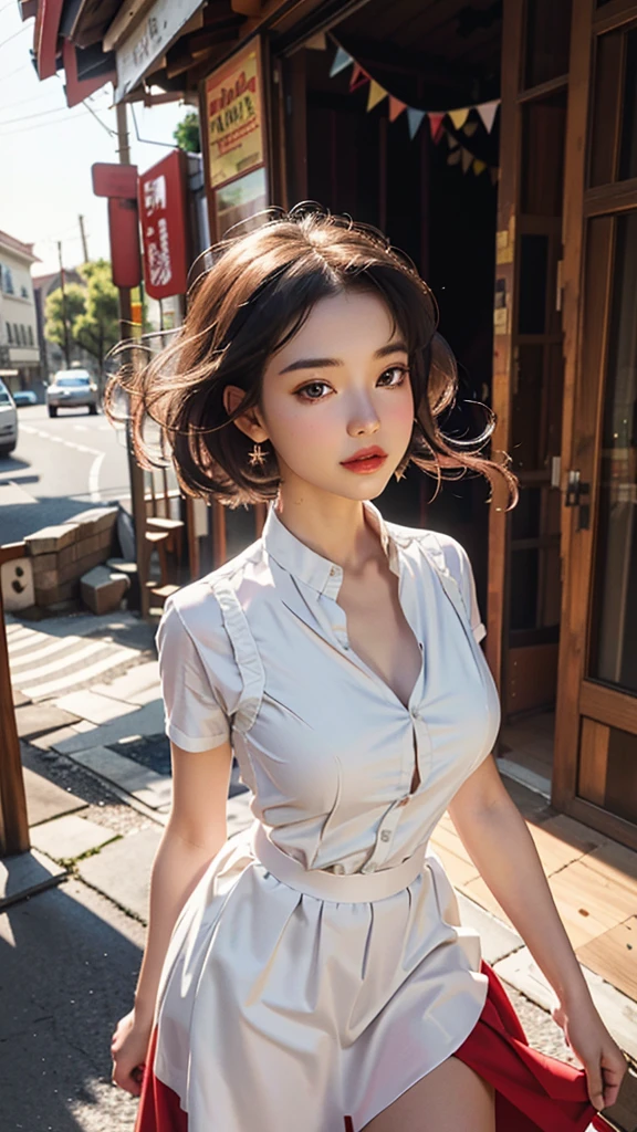 A girl in a white dress shirt, wearing a bright red skirt. (best quality,4k,8k,highres,masterpiece:1.2), ultra-detailed, (realistic,photorealistic,photo-realistic:1.37), portraits, vivid colors, studio lighting, beautiful detailed eyes, beautyful detailed lips, extremely detailed eyes and face, long eyelashes, landscape, sharp focus, HDR, professional, cotton fabric, shiny satin skirt, flowing fabric, graceful pose, outdoor setting, sunny day, warm color tone, soft lighting,white dress shirt、red skirt
