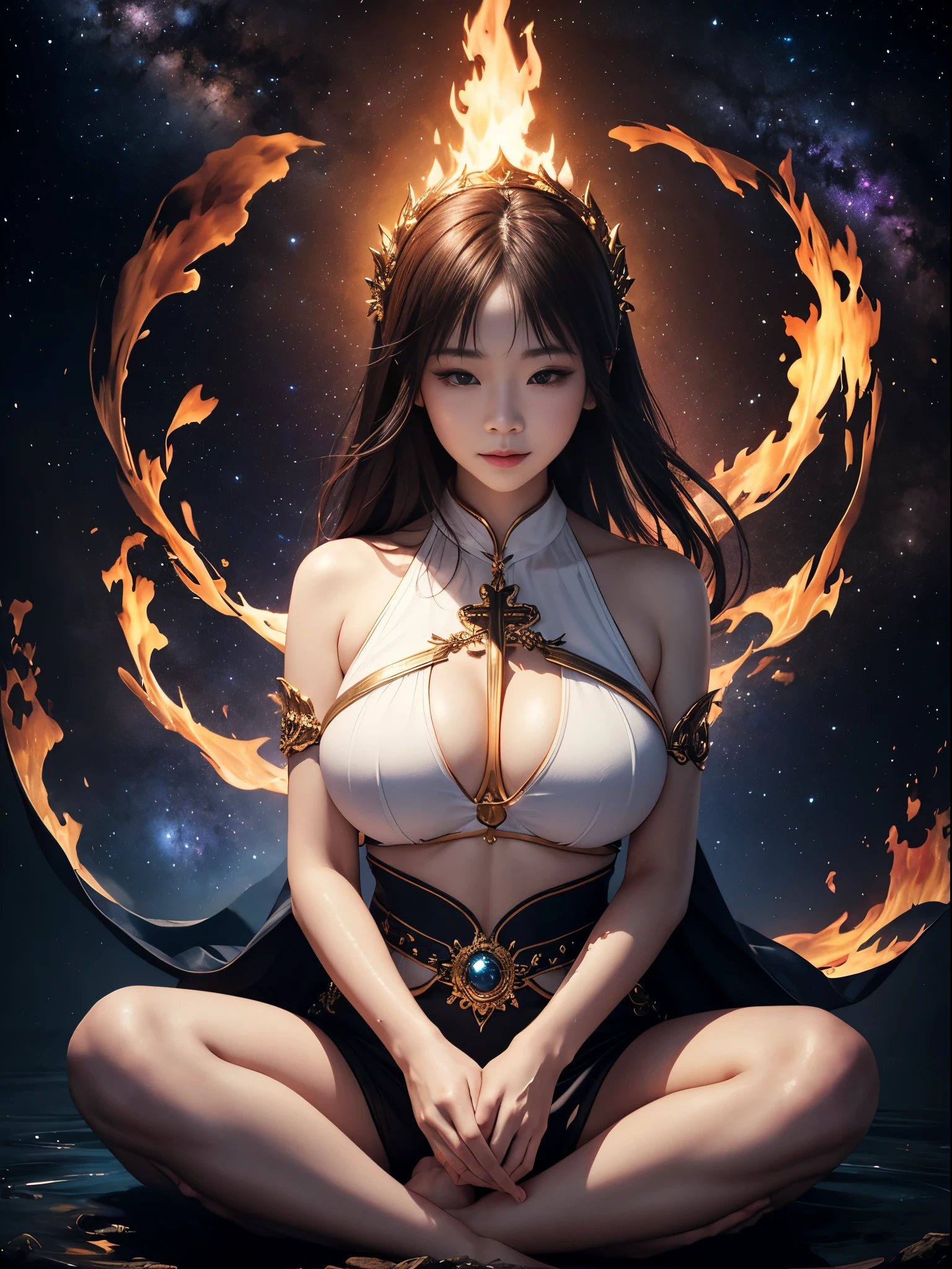 Immortal goddess, Super beautiful, 8K, Super big breasts, Meditating, A pale white cloth covered part of her body, sitting cross-legged, The golden glowing magic array swirled behind her, A magical aura surrounded her part, magical, fantasy, Milky Way Galaxy background, (4 elements, Fire, water, Wind, earth, Surround it),巨大的胸部,巨大的乳房,露出胸部,露出乳房,巨大的胸部,