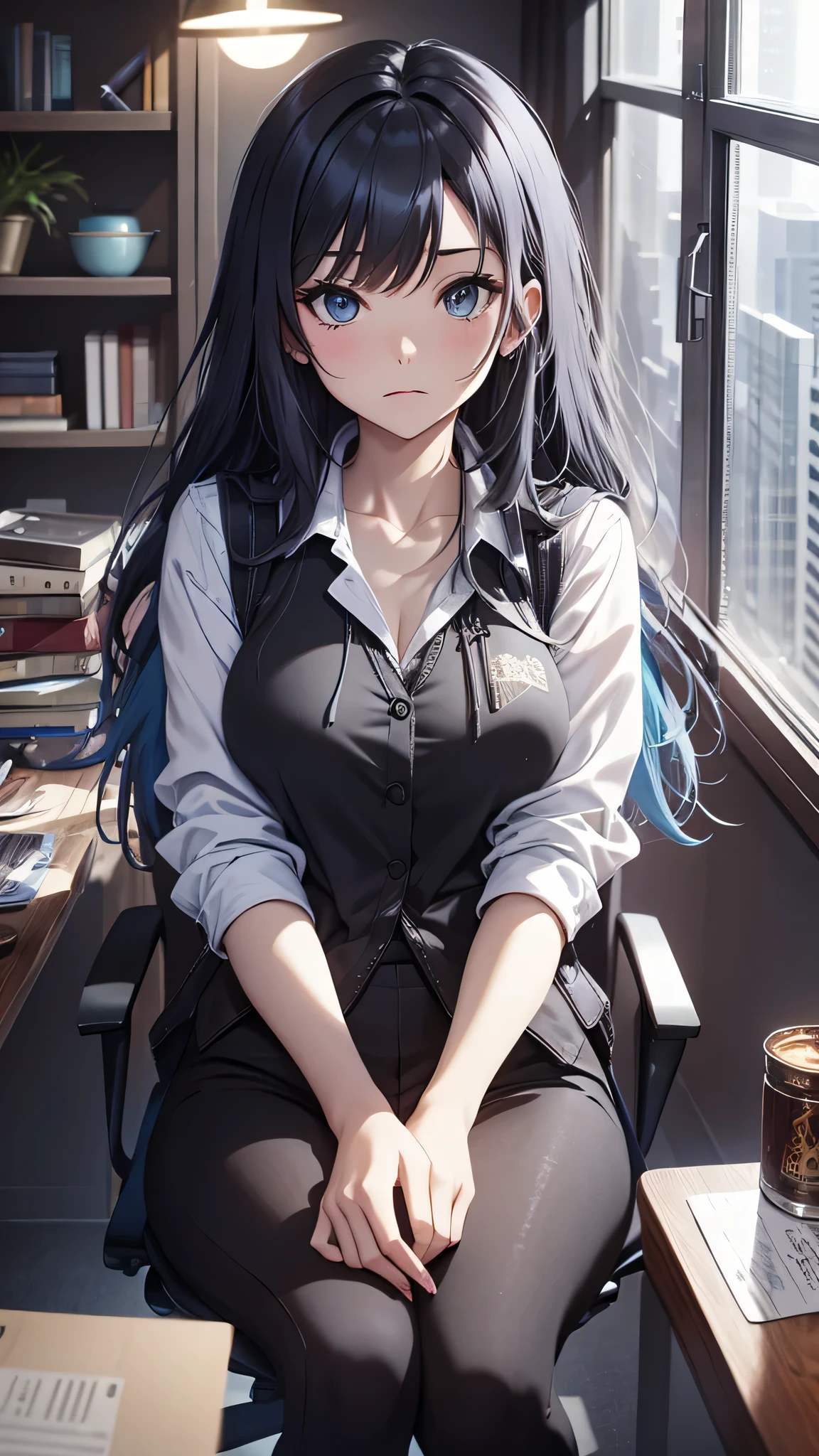 最high quality、best image quality、masterpiece、teenage girl((18-year-old、 By becoming、vest bust、medium bust,wide open breast tea、black eye, gray hair、long hair、thin,highest valley、Black Y-shirt、Black Recruit Suit,Have a document、face forward、sit on a chair、Get angry、Typing)),high quality、beautiful art、background((company office、Affairs machine、office chair、Laptop))debris flies、Depth of written boundary、movie、visual art、perfect art、8K,genuine
