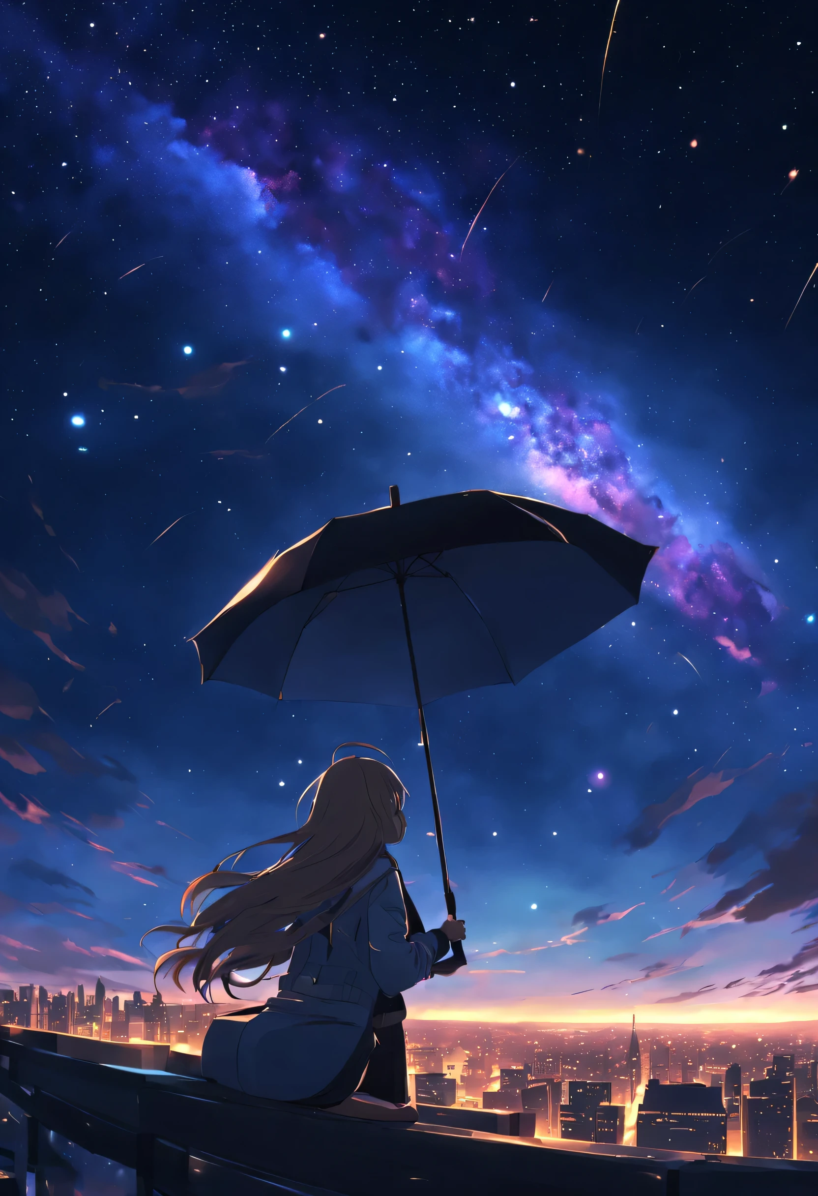 (masterpiece, highest quality: 1.4), null, performer (null), scenery, starry null, night, one girl, standing with an umbrella at night, outdoor, building, cloud, milky way, movie scene. A city at night with falling powder snow. Tender time. Spectacular landscape of space and starry null, planets and moon. Rear view, soft expression. Wrapped in the soft winter breeze, it&#39;s magical and beautiful. over time. exaggerated identity. powerful yet gentle. refreshing pastel colors. Purple and yellow. modern animation. Angle animation looking up at the earth, super delicate, 8K 4K modern animation Perfect composition, octane number, null, performer (null), scenery, starry null, night, one girl, night null, alone, outdoor, building, cloud, milky way , sitting, long hair, - style of a beautiful null scene with performer and planets, space null. por makoto shinkai, anime art wallpaper 4k, anime art wallpaper 4k, anime art wallpaper 8k, 4k anime wallpaper, anime wallpaper 4k, 4k anime wallpaper, anime null, Amazing wallpapers on paper, anime background, heavenly planets on the background, anime background art,