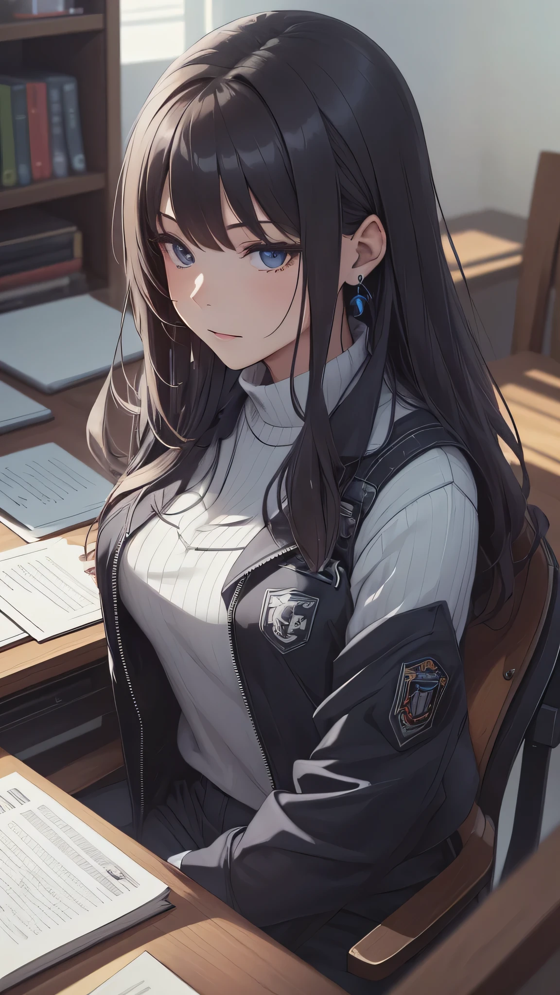 最high quality、best image quality、masterpiece、teenage girl((18-year-old、 By becoming、vest bust、medium bust,wide open breast tea、black eye, gray hair、long hair、thin,highest valley、Black Y-shirt、Black Recruit Suit,Have a document、face forward、sit on a chair、Get angry、Typing)),high quality、beautiful art、background((company office、Affairs machine、office chair、Laptop))debris flies、Depth of written boundary、movie、visual art、perfect art、8K,genuine