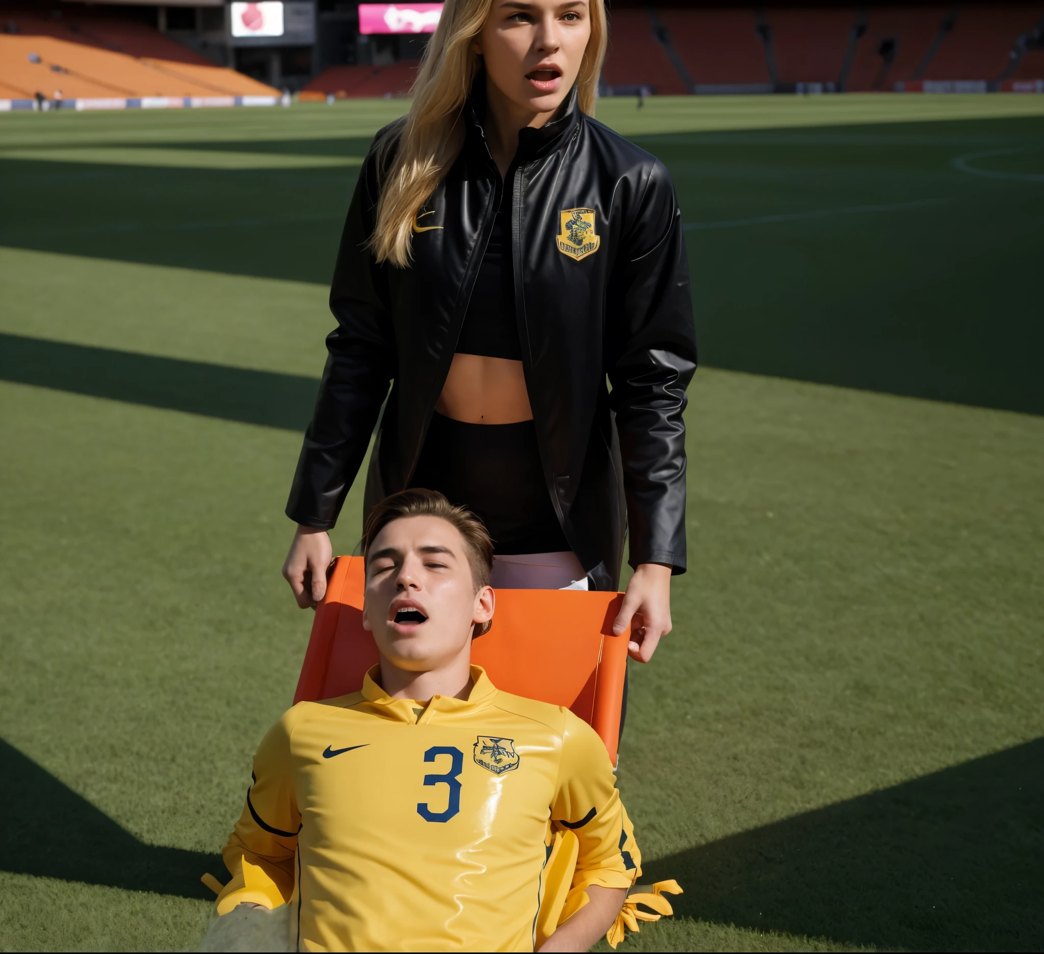 a bearded man lies on a strercher, a wounded man on a stretcher, an injured soccer player with bearded face on a stretcher, very very glossy and slick downcoat, Photography of an injured sportsman on a stretcher being carried by a longhaired blond woman in a long black down coat, a shiny vinyl coat, a shiny black down coat, a high shine dark down coat, a young male soccer player in short sportswear is lying on his back on a stretcher and is grabbing his shin with his hands, hyperralistic, very realistic, ultrarealistic photorealistic, pgoto, photoreal, a young woman is wearing a high shine black downcoat and is holding a stretcher inside a sports stadium, a young madeup blond woman in a high-shine padded coat is shouting out for help and has a very sad and furious expression in her face, a sportsman is lying on a stretcher and has a very painful and suffering face, a young sportsman on a stretcher with a very painful expression in his face, dramatic action pose, sports accident, injury scene, theatralic pity pose, pity pityful, pain, a sportsman is lying on a stretcher and is crying in pain, a young madeup woman in a shiny coat is carrying a man on a stretcher inside a sports stadium, sports scene, stadium
