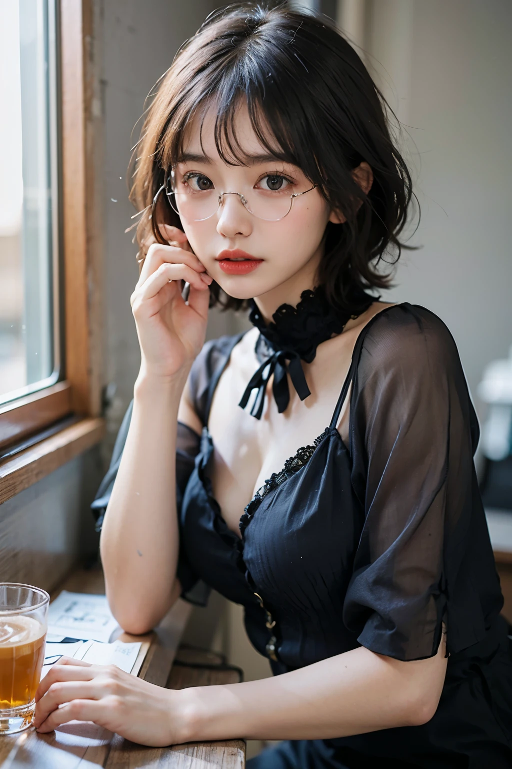 Top quality, one beautiful woman, 25 years old, (medium short hair, black straight hair:1.3), dark brown eyes, glasses, slendar body, black hair, pale skin, (medium chest:1.4) BREAK depth of field, portfolio,