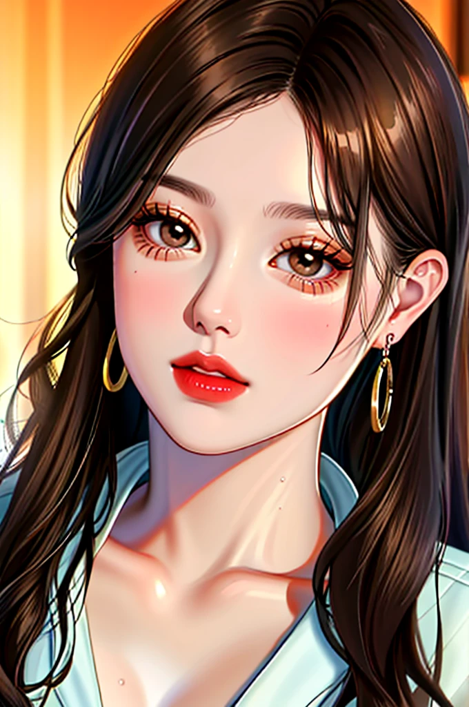 Kissing face, wet skin, circle earrings, hot cheeks, demi lovato, long light brown hair, middle hair, black blouse, almond eyes