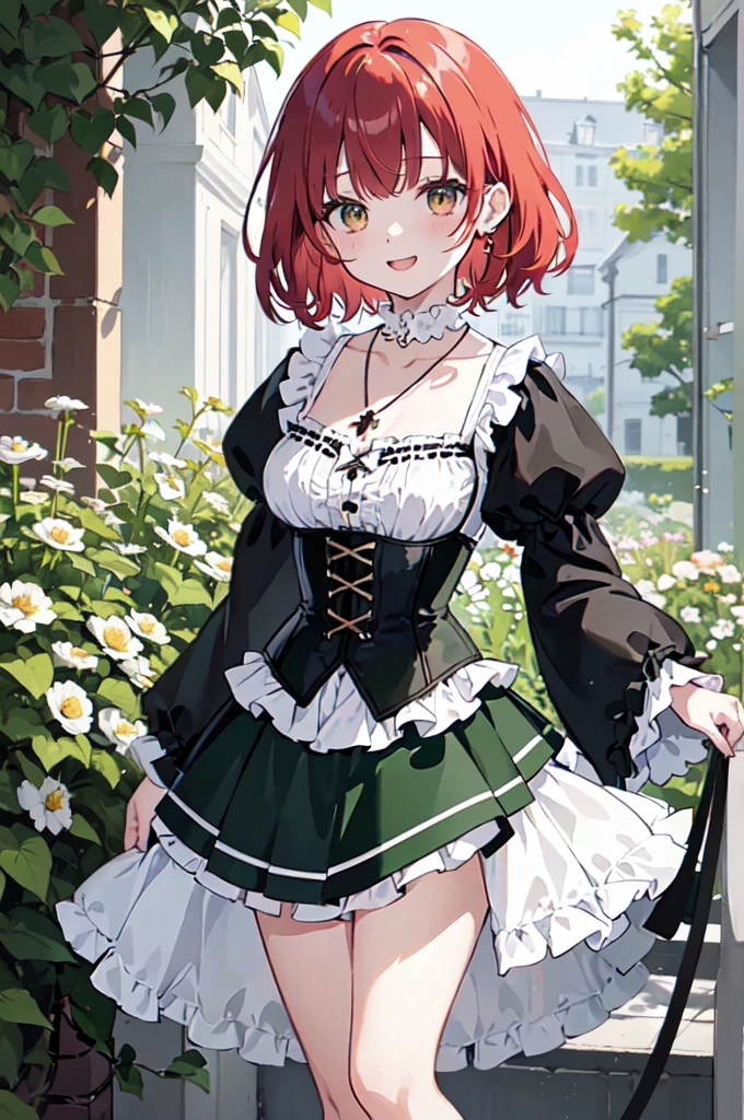 (masterpiece), (best quality), (ultra detailed),(disheveled hair),(illustration), (1woman), ((green attached skirt)(black corset with flowers)(pantyhose with black hearts)(white blouse with wide sleeves)), standing, Fashion model, looking at viewer, (interview), (casual background),beautiful brown eyes, delicate beautiful face, ,(high saturation),(colorful splashes),(shining), kamisato ayaka, red hair, bangs, short hair, (shining), best lighting, best shadow. catholic cross necklace. smiling sexy. blush