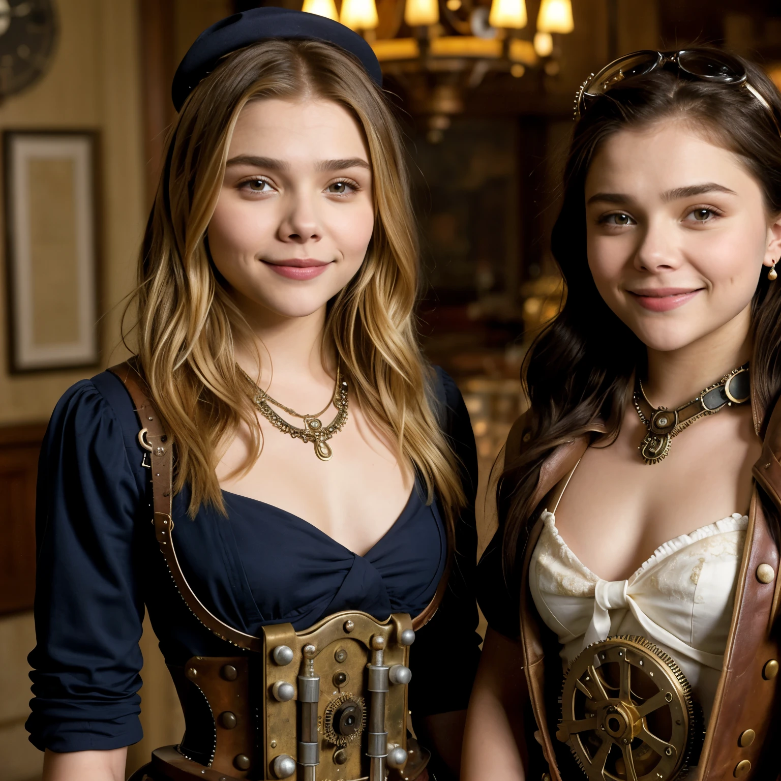 ((best quality)), ((masterpiece)), pretty smile with cure dimples, ((Photo-realistic)), (detailed), ((NSFW)), ((Chloe Grace Moretz)), ((2 pretty Steampunk girls)), ((whole body)), perfect white teeth, ((whole body)), naked,