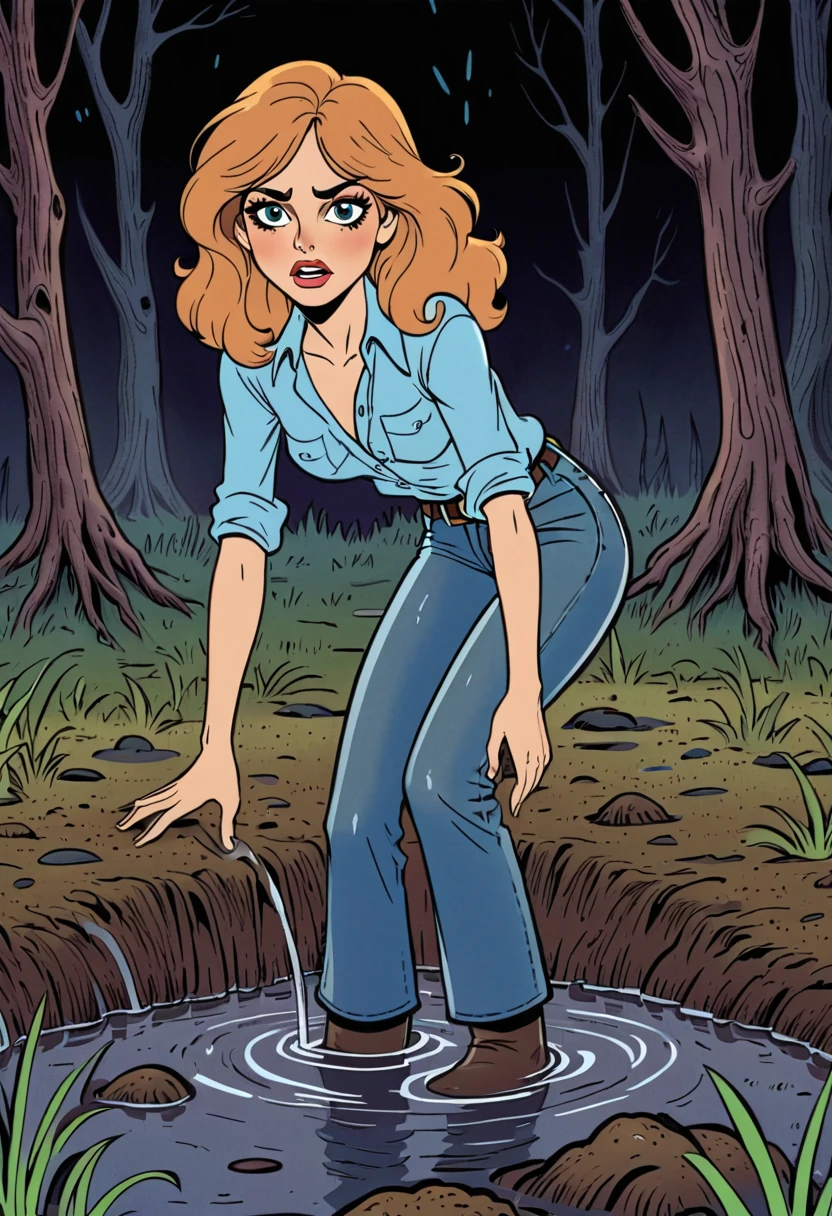 70s setting cartoon woman wearing soaking wet muddy flared jeans experiences sexual tension while drowning in bog and having dirty fetishistic masturbation session