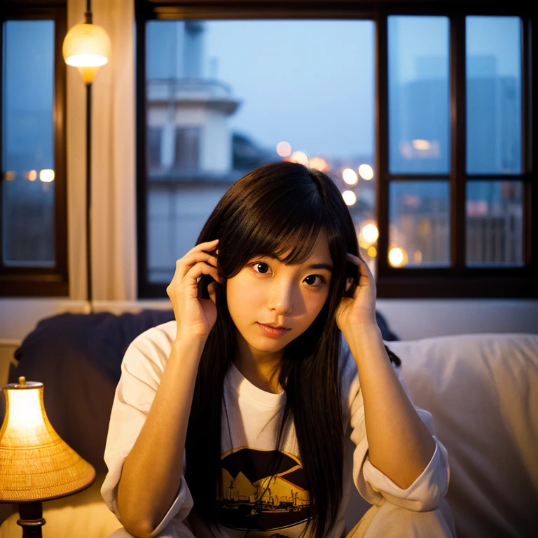 The face of a young Japanese woman posing like a model by the window. Focal length 100mmf/2.8, early winter night, living room on the upper floor of a tower apartment, plain T-shirt and shorts, close-up of eyes, film quality.