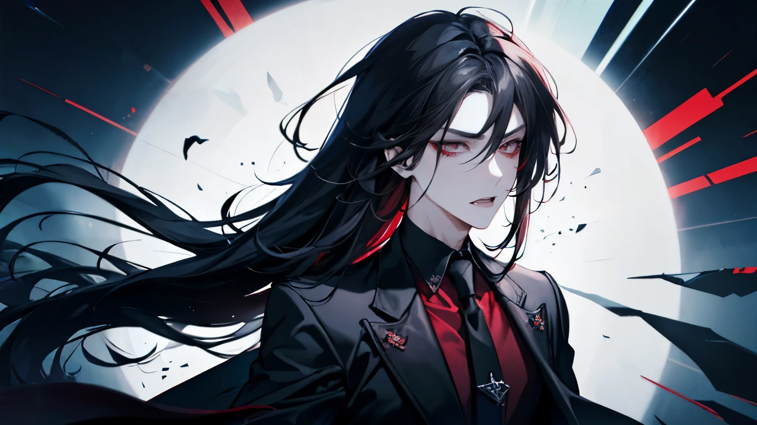 (best quality), 1man，Masculinity，One with long black hair，red eyes，vampire，Open your mouth to show your fangs，Gorgeous dark atmosphere, Wear a black suit，late night