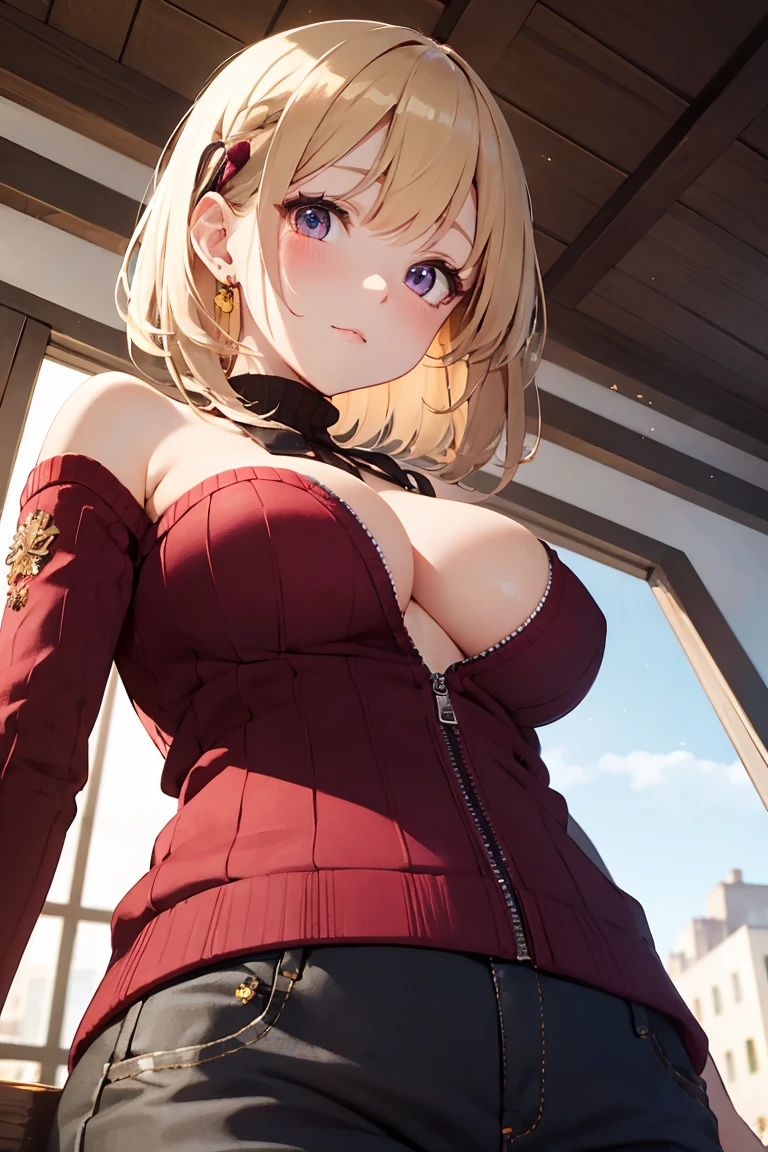 masterpiece, absurdres, best quality, ultra detailed, high Resolution, detailed illustration, extremely beautiful detailed face and eyes, Delicate beautiful face, bright colour, 1girl, cute face, magenta eyes, sparkling eyes, big eyes, medium breasts, (perky breasts:1.1), (pointy breasts:1.1), medium hips, glamorous body, white skin, happy, BREAK, long bob cut, (blonde hair:0.8), messy hair, detailed hair, shiny hair, BREAK sweater, tiny ribbon, real world, natural lights, perfect lighting, outdoor, from below,