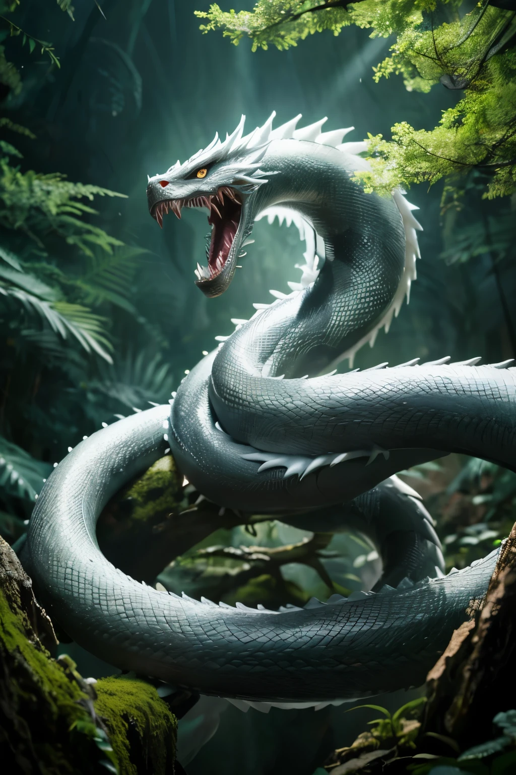((best quality)), ((masterpiece)), dnd, dungeons and dragons, white snake, poisonous white snake, venomous, scary, dangerous, angry, mad, lethal, fangs, dark background, black background, anime, comic book