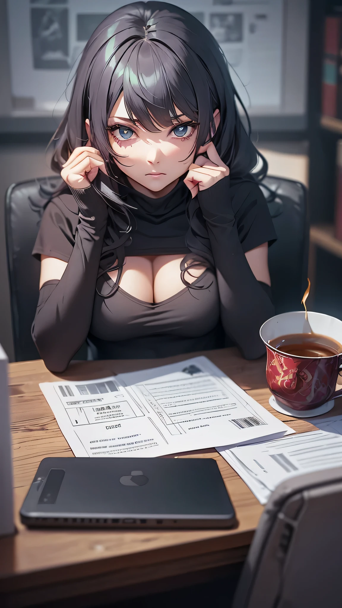 最high quality、best image quality、masterpiece、age girl((18-year-old、 By becoming、vest bust、medium bust,wide open breast tea、black eye, gray hair、long hair、thin,highest valley、Black Y-shirt、Black Recruit Suit,Have a document、face forward、sit on a chair、tired face、Using the computer)),high quality、beautiful art、background((company office、Affairs machine、office chair、Laptop、Office at night))debris flies、Depth of written boundary、movie、visual art、perfect art、8K,genuine