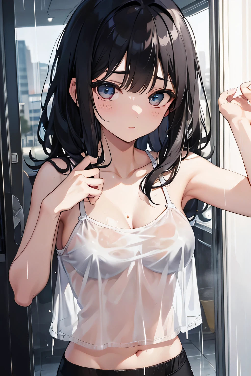 super detailed face, transparent white camisole, , black hair, wet in the rain, I can see your underwear, black underwear, pants