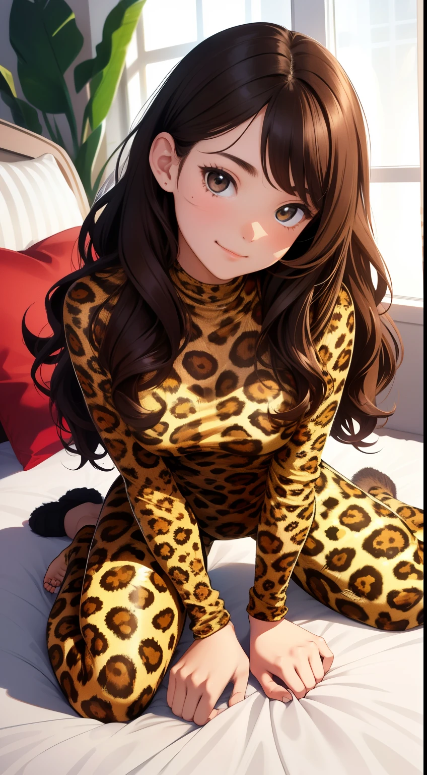 Realistic、 girl、face real、Large-scale depiction of human figures、close up portrait、sit on the bed、Looking up from below and staring at us、(Wearing a full-body leopard print bodysuit、long wavy brown hair、the face smiled、Bedroom、