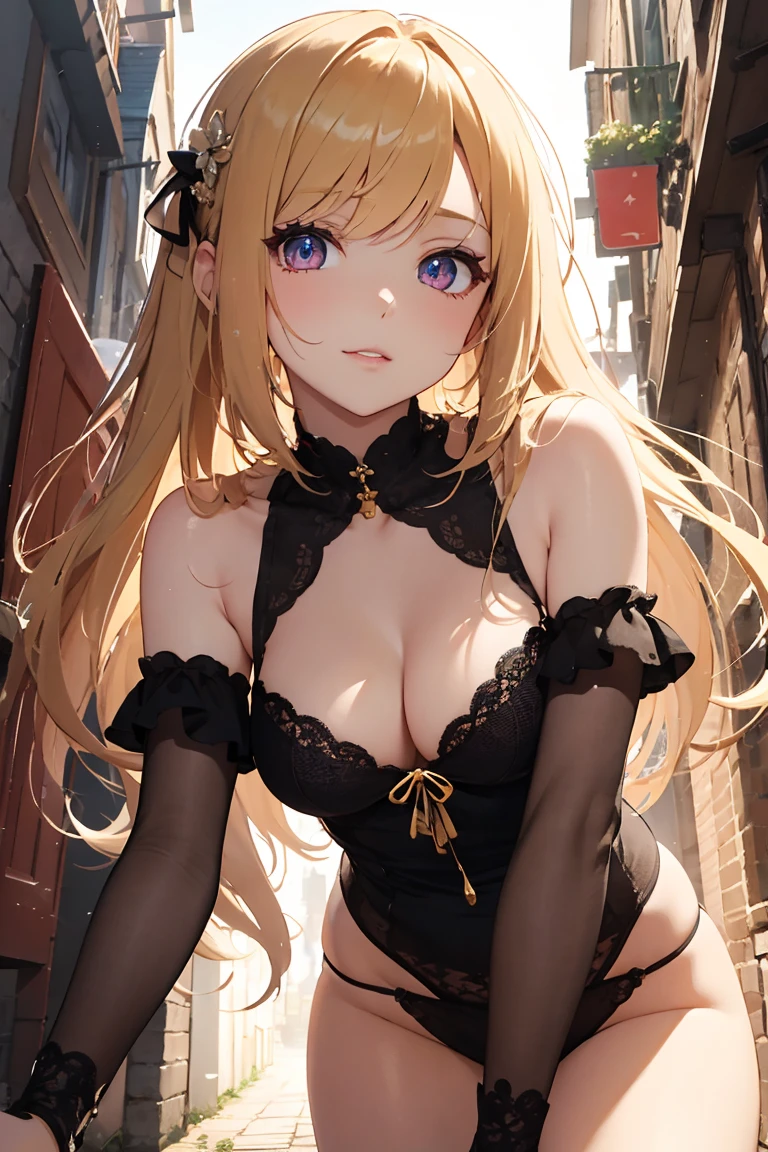 masterpiece, absurdres, best quality, ultra detailed, high Resolution, detailed illustration, extremely beautiful detailed face and eyes, Delicate beautiful face, bright colour, 1girl, cute face, magenta eyes, sparkling eyes, big eyes, medium breasts, (perky breasts:1.1), (pointy breasts:1.1), medium hips, glamorous body, white skin, happy, BREAK, long bob cut, (blonde hair:0.8), messy hair, detailed hair, shiny hair, BREAK sweater, tiny ribbon, real world, natural lights, perfect lighting, outdoor, from below,