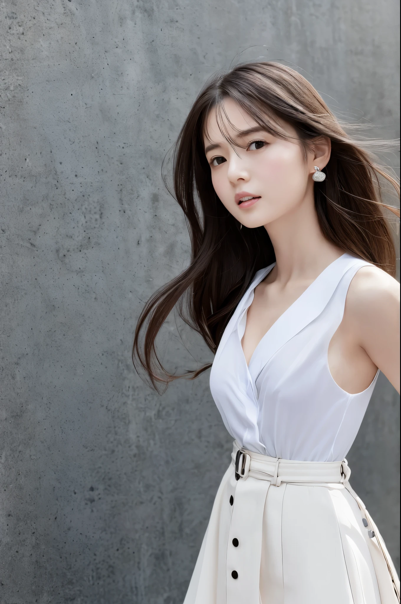 (Best quality, High resolution, Masterpiece :1.3), A Japanese lady, cute face, Slender abs, Dark brown hair styled in loose waves, Small breasts, Very thin waist, Wearing pendant, White button up shirt, Belt, Black skirt, (Modern architecture in background), Details exquisitely rendered in the face and skin texture, Detailed eyes, Double eyelid