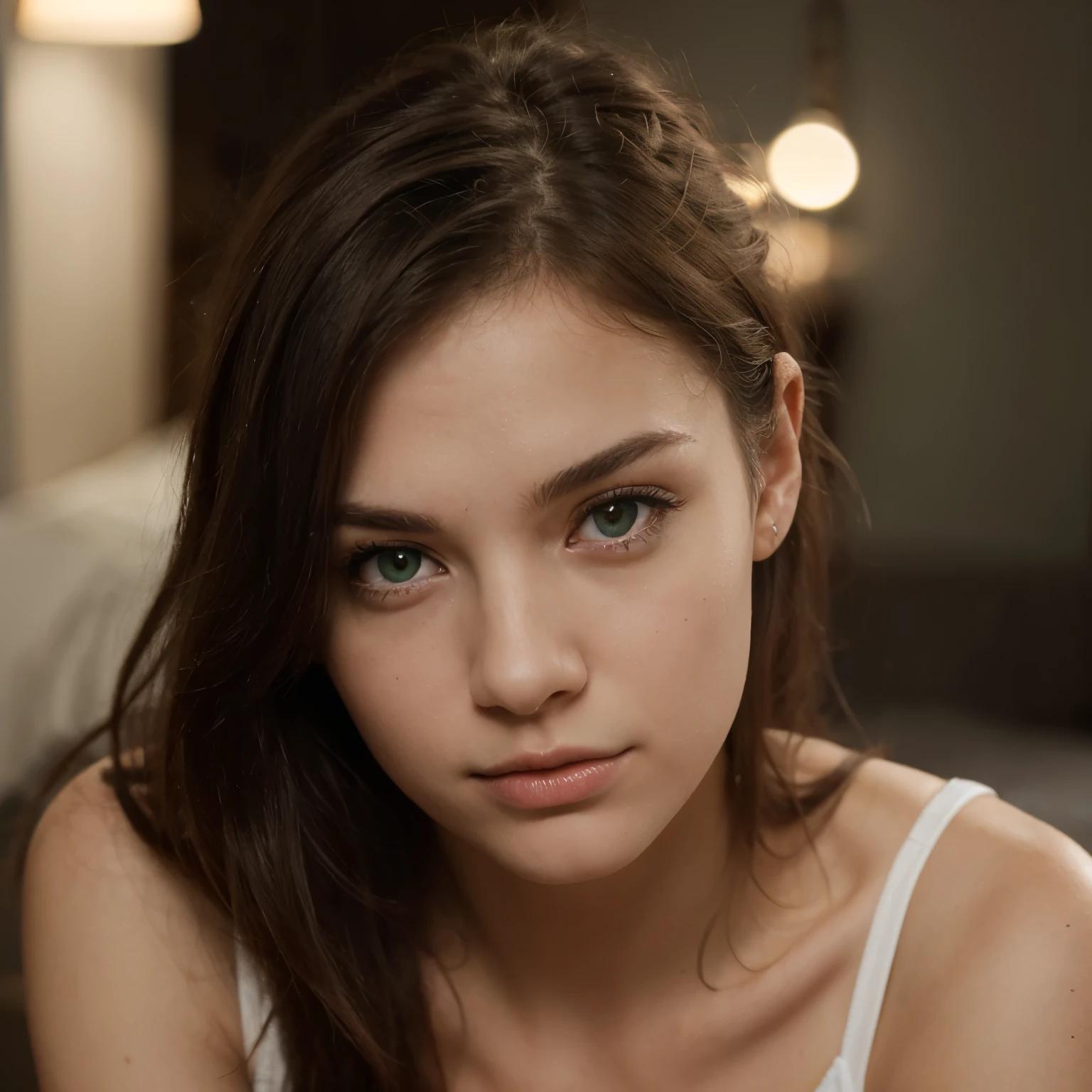 swedish girl , green eyes, dark hair,cute pose ,high resolution, ultra realistic