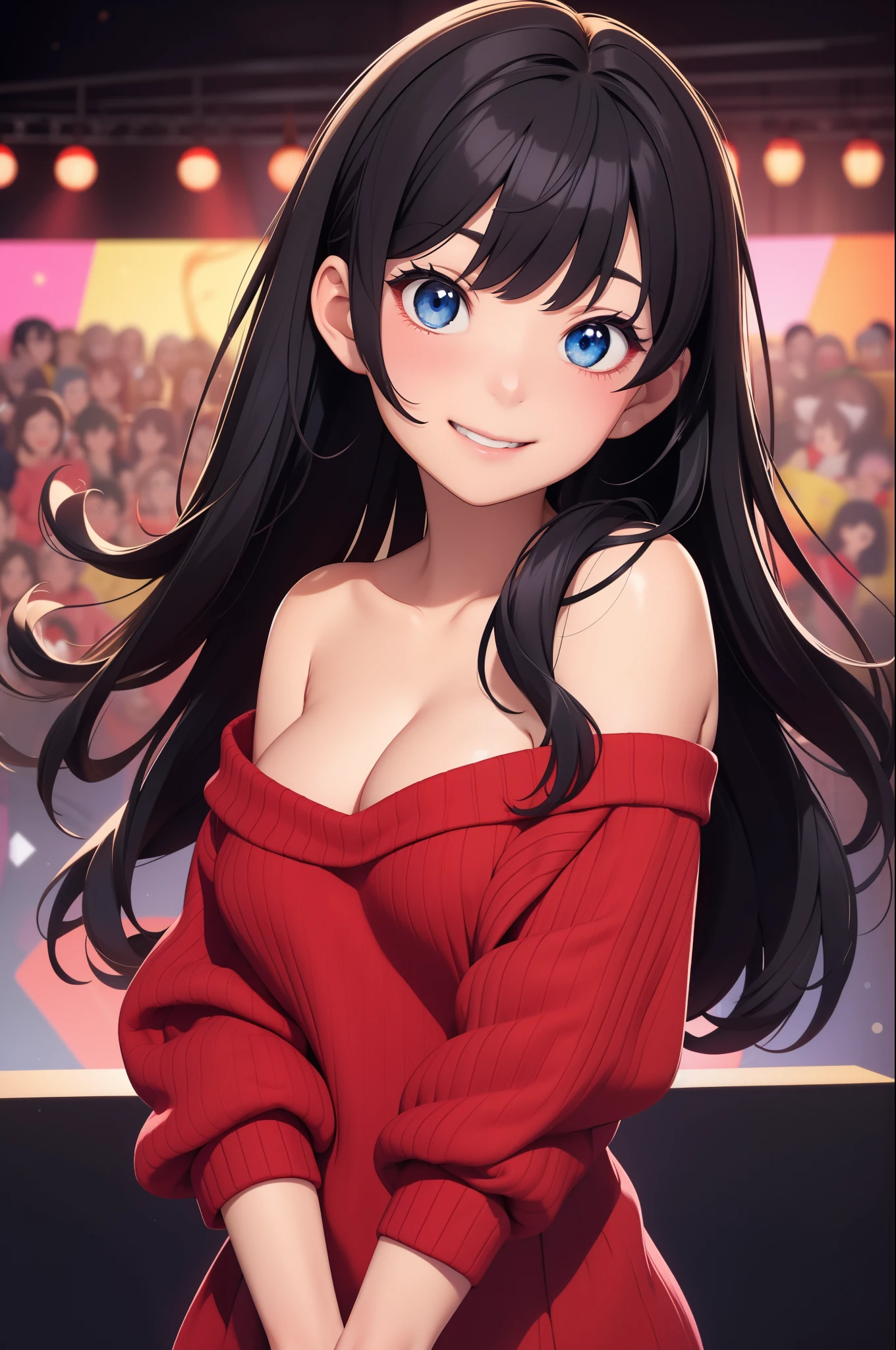1 girl, Rin Harusaka, alone, Close-up shot，，cleavage，Off the shoulder dress，long hair, sweater, red sweater, looking at the audience,  black hair, blue eyes,  Bangs,  sweater, Upper body, parted Bangs, black ribbon, ribbed sweater, Double tail, Smile