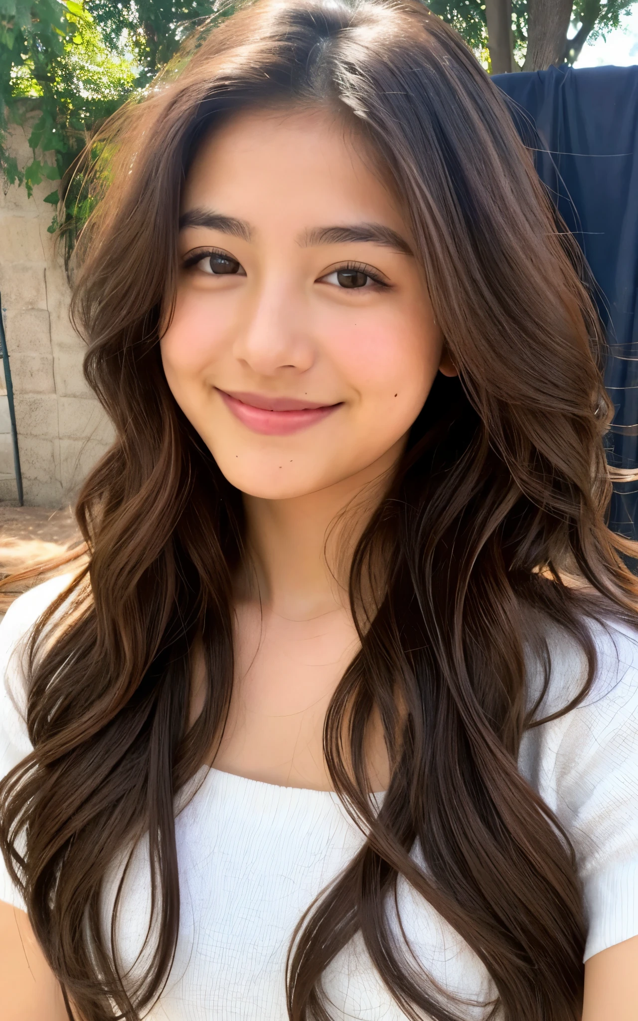 1 mexican girl, Long Wavy Hair, dark brown eyes, teen, nude, smiling
