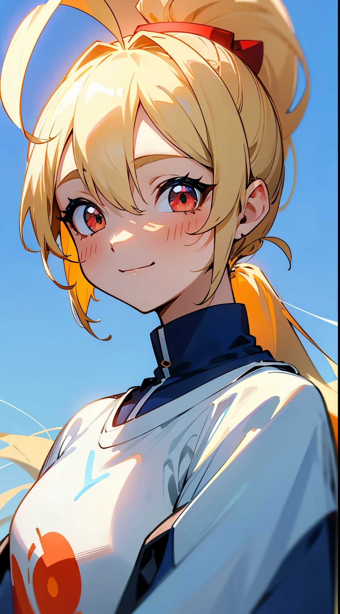 1 girl、blonde ponytail、Ahoge、big round red eyes、sky blue solid color background、pure blue background、Dark blue background、Warm tone、Warm Light、Healing Line、(highest quality、muste piece、8K)、white t-shirt、smile、楽しそうにsmile、Upper body close-up、anime style、wallpaper、Avatar、Head close-up --v6