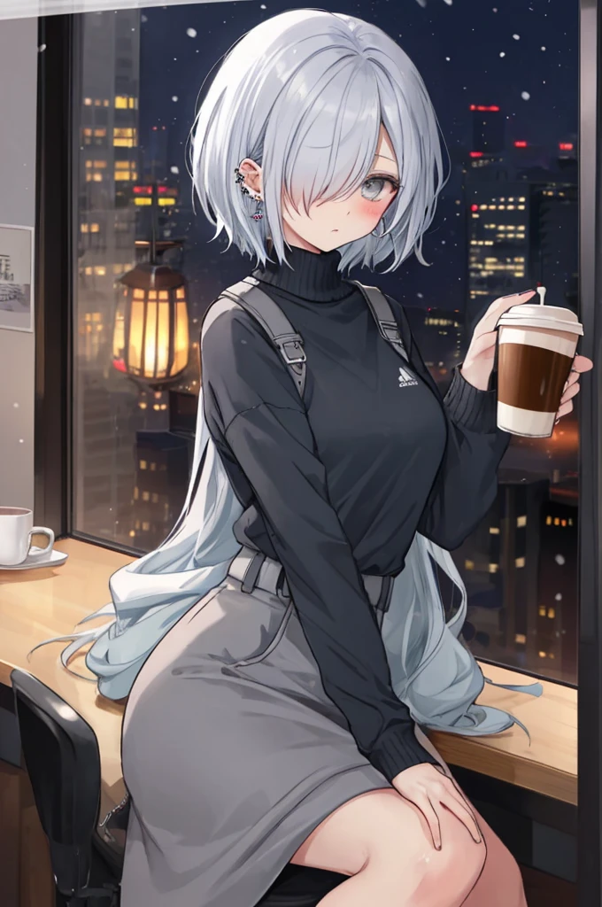 ((masterpiece:1.4, best quality:1.2)), 1girl, solo focus, beautiful skin, blush, grey sweatshirt, long white hair, grey eyes, sitting, earrings, Hands piercing, coffee shop window, night, snowing, cityscape, tall female, beautiful and delicate female, comfy ambience, {detailed background}, hair over one eye, shy, sexy, naked,
