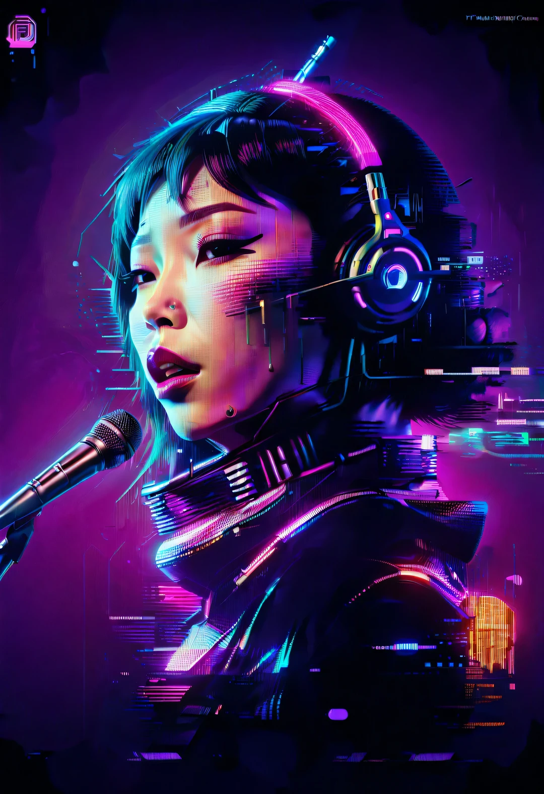 Vector illustration, Minimalism, number, vaporwave style, Beautiful and meticulous illustrations, A little more purple，
 vaporwave style, Beautiful detailed ， (Japanese female singer Maria Takeuchi raises her head and sings affectionately），cyberpunk style, Color rad retro poster, Award-winning,