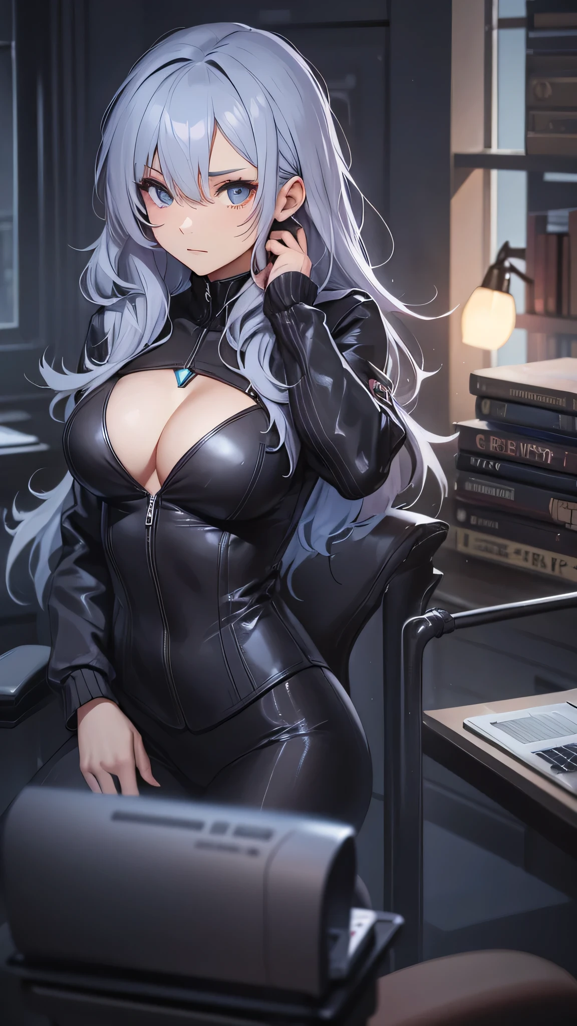 最high quality、best image quality、masterpiece、age girl((18-year-old、 By becoming、vest bust、medium bust,wide open breast tea、black eye, gray hair、long hair、thin,highest valley、Black Y-shirt、Black Recruit Suit,Have a document、face forward、sit on a chair、tired face、Using the computer、rest one's chin on one's chin、Dark circles in the eyes)),high quality、beautiful art、background((company office、Affairs machine、office chair、Laptop、Office at night))debris flies、Depth of written boundary、movie、visual art、perfect art、8K,genuine