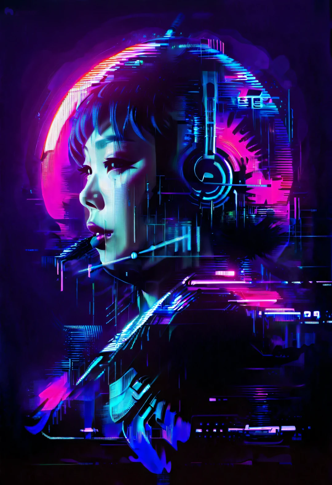 Vector illustration, Minimalism, number, vaporwave style, Beautiful and meticulous illustrations, A little more purple，
 vaporwave style, Beautiful detailed ， (Japanese female singer Maria Takeuchi singing），cyberpunk style, Color rad retro poster, Award-winning,