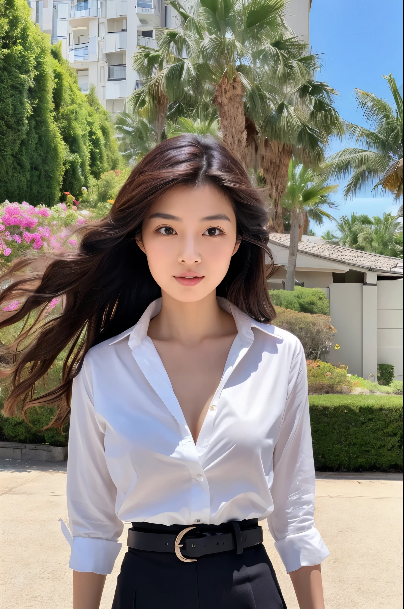 (Best quality, High resolution, Masterpiece :1.3), A Japanese lady, cute face, Slender abs, Dark brown hair styled in loose waves, Small breasts, Very thin waist, Wearing pendant, White button up shirt, Belt, Black skirt, (Modern architecture in background), Details exquisitely rendered in the face and skin texture, Detailed eyes, Double eyelid