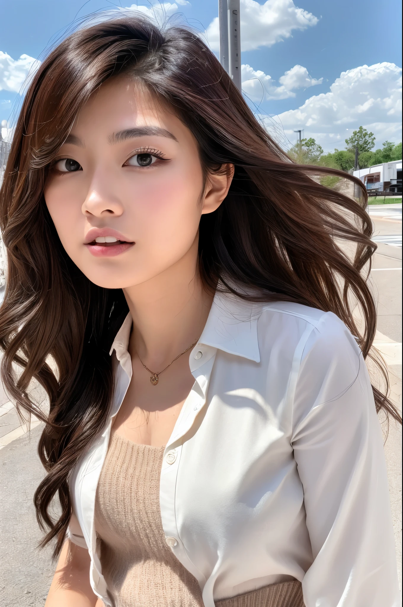 (Best quality, High resolution, Masterpiece :1.3), A Japanese lady, cute face, Slender abs, Dark brown hair styled in loose waves, Small breasts, Very thin waist, Wearing pendant, White button up shirt, Belt, Black skirt, (Modern architecture in background), Details exquisitely rendered in the face and skin texture, Detailed eyes, Double eyelid