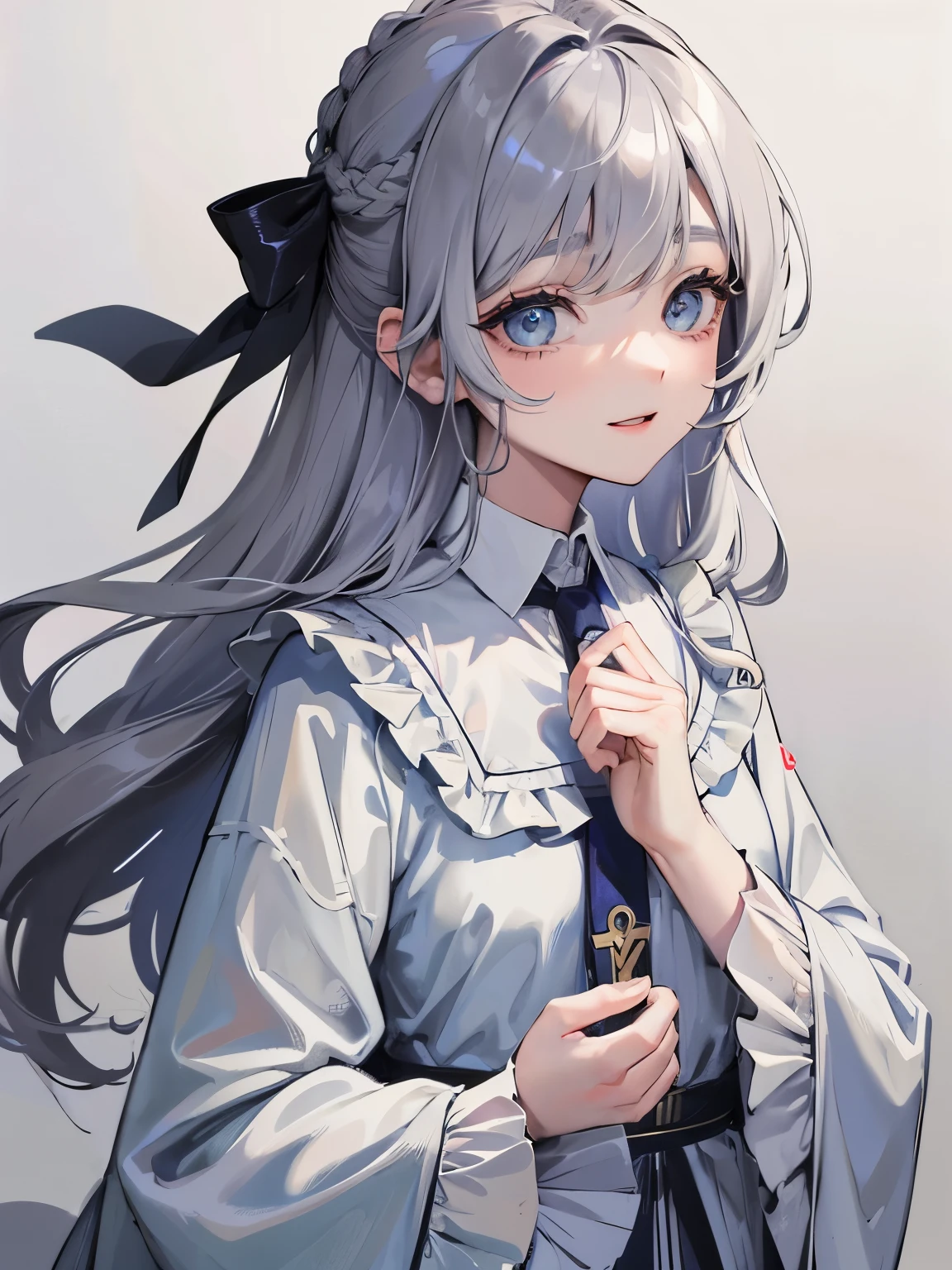 1 girl、blouse、detailed face、long hair with gray hair、light blue eyes、round eyes、hair arrange、tie a ribbon on the chest、Smiling Girl、drooping eyes、droopy eyes、、church、Patsun bangs、Highest image quality、simple clothes、pray