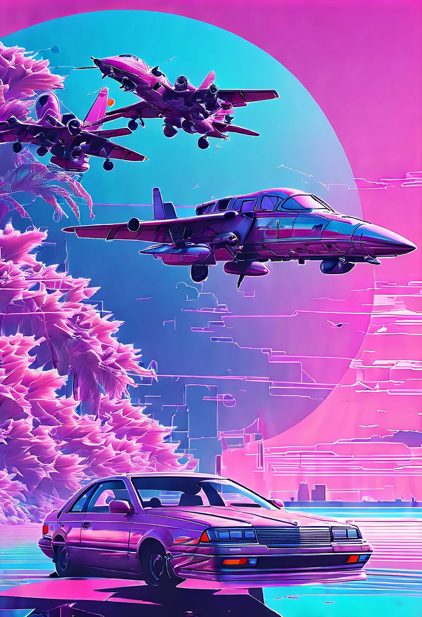 (Vaporwave Aesthetic:1.8)，Beautiful vaporwave aesthetics in artwork，Many aircraft and mechanical creatures