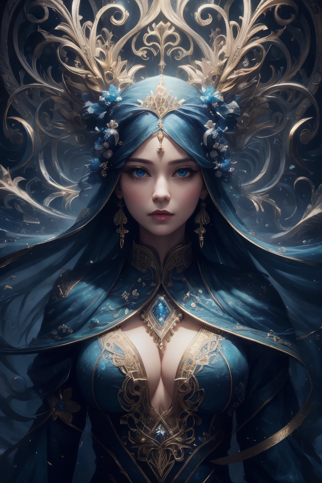 a stunning art, abstract, flowery, predominantly blue, white, upper body, centered, key visual, intricate, highly detailed, breathtaking beauty, precise line art, vibrant, comprehensive, cinematic,