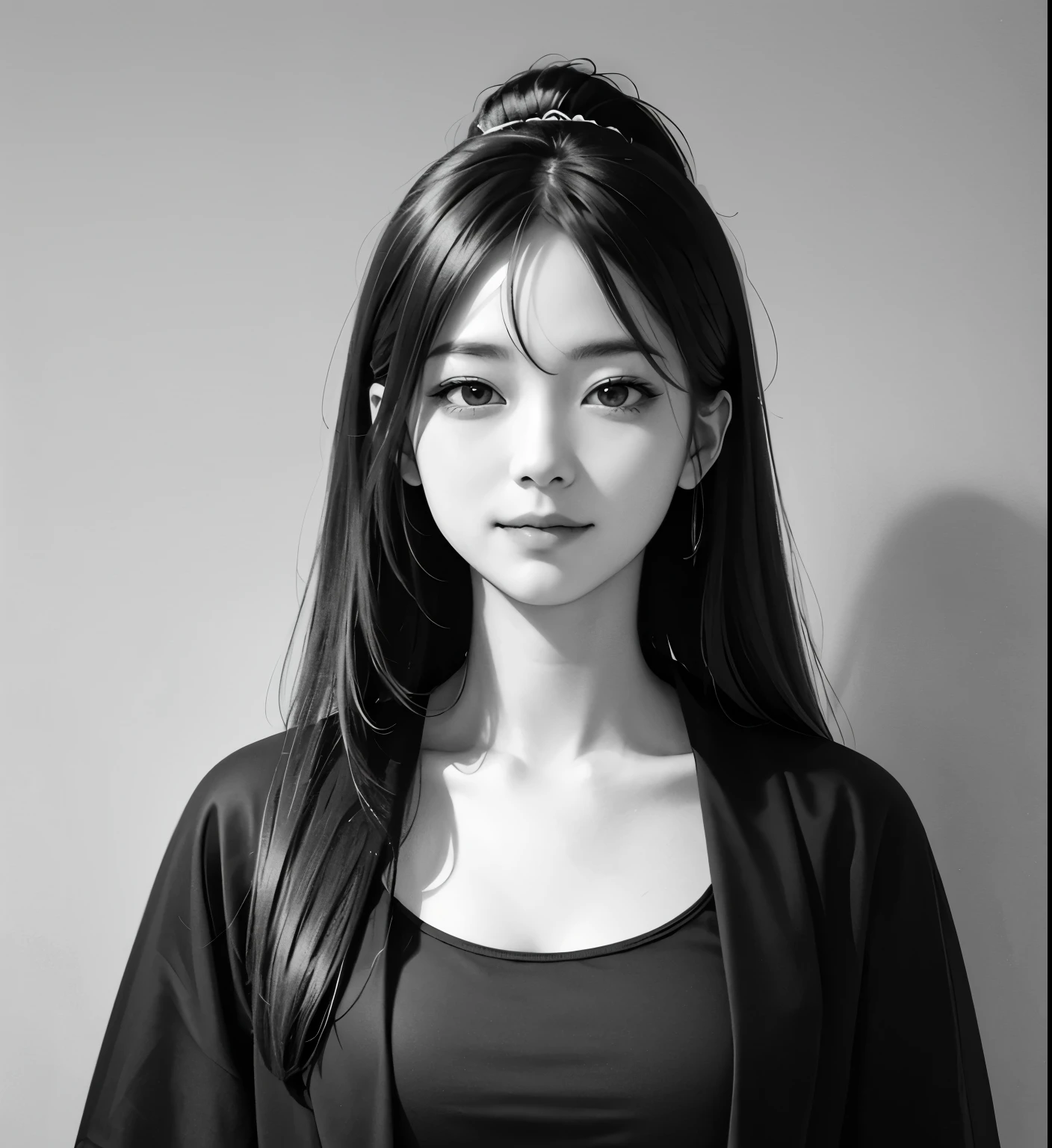 NauSKaaValOfWi, monochrome, Shades of Gray, More details 1girl, Looking at the viewer, Sad smile, Upper body,