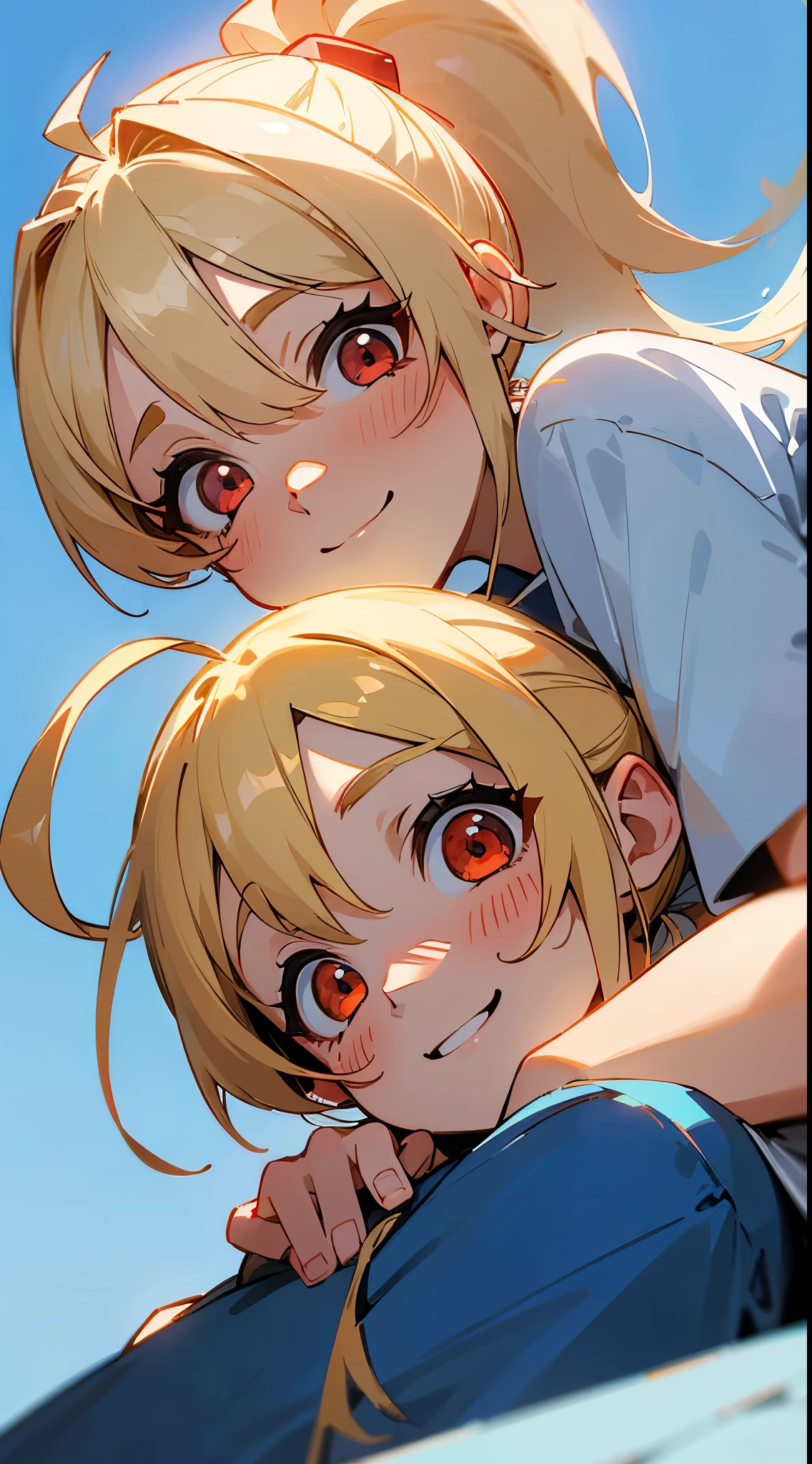 1 girl、blonde ponytail、Ahoge、big round red eyes、sky blue solid color background、pure blue background、Dark blue background、Warm tone、Warm Light、Healing Line、(highest quality、muste piece、8K)、white t-shirt、smile、楽しそうにsmile、Upper body close-up、anime style、wallpaper、Avatar、Head close-up --v6