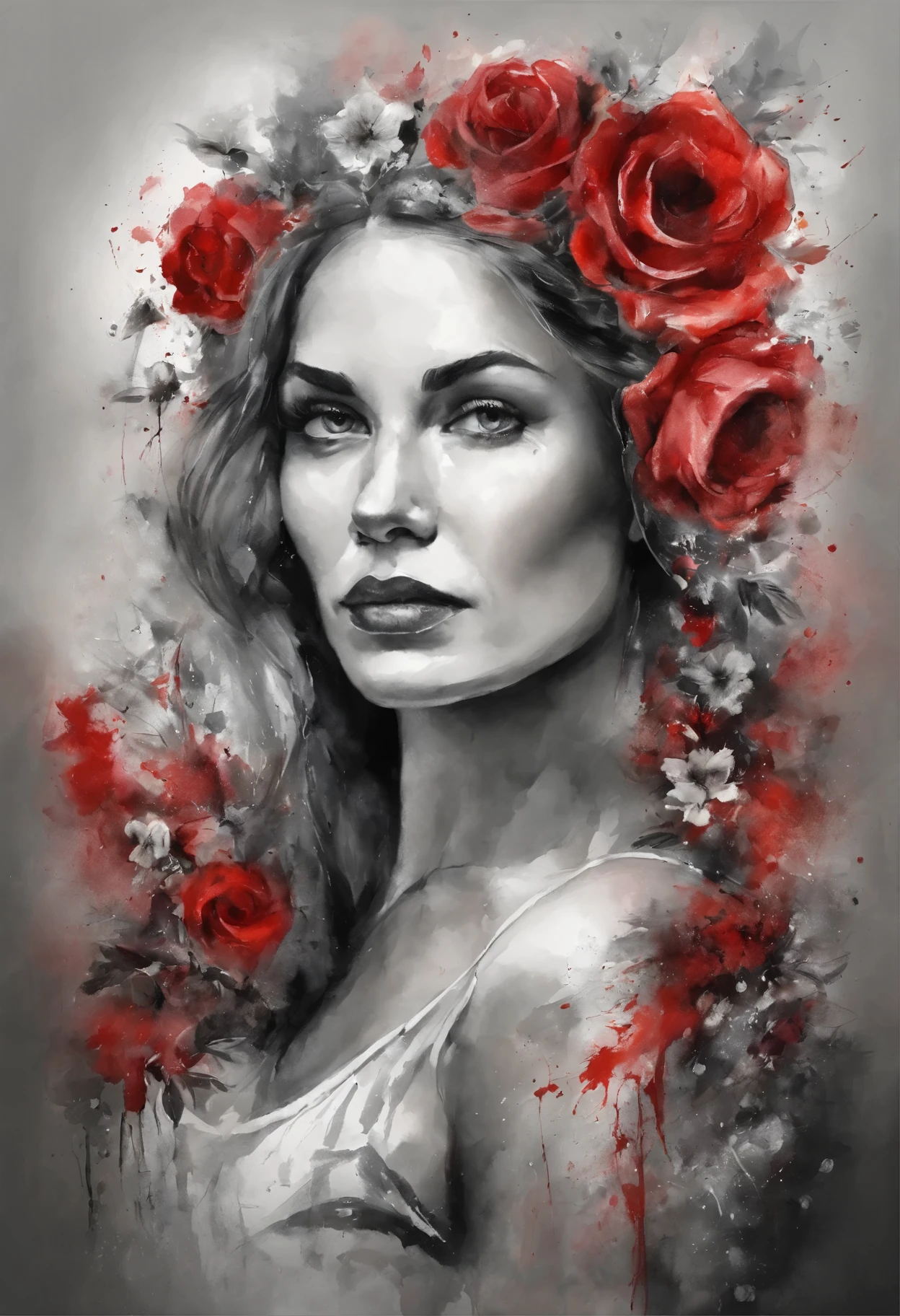 Oil painting, Color splash, Stylized photo of a 30-year-old woman ,She's got a red heart, Best Quality,the background is black , Highly detailed, HD, 2 thousand., 4k, 8K, 16k,32K64K,Ultra Rendering, (Flowered tattoos in the arm))); (((depth perception, 3D motion))), (((bright color palette, using red, white and charcoal)))