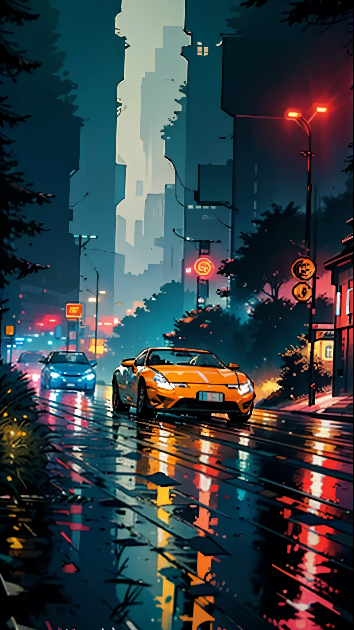 Sports Car, Retro, Full Color, Multicolor, Artistic, Superior Detail, Super Quality, Fine Details, Highlights, Neon Lights, 8k, Masterpiece, City Night, Neon Lights, Wet Road, Mountains, Forest,