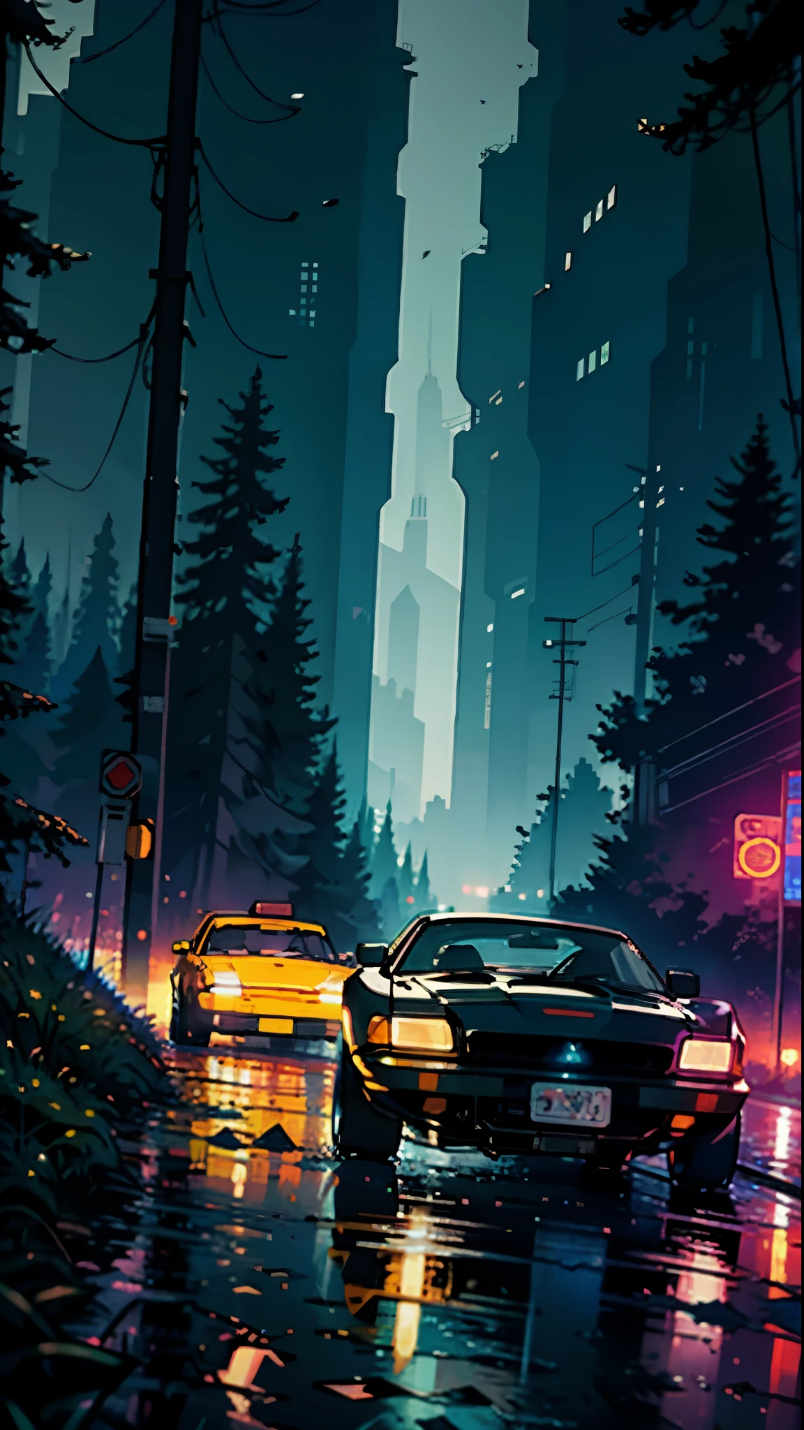 Sports Car, Retro, Full Color, Multicolor, Artistic, Superior Detail, Super Quality, Fine Details, Highlights, Neon Lights, 8k, Masterpiece, City Night, Neon Lights, Wet Road, Mountains, Forest,