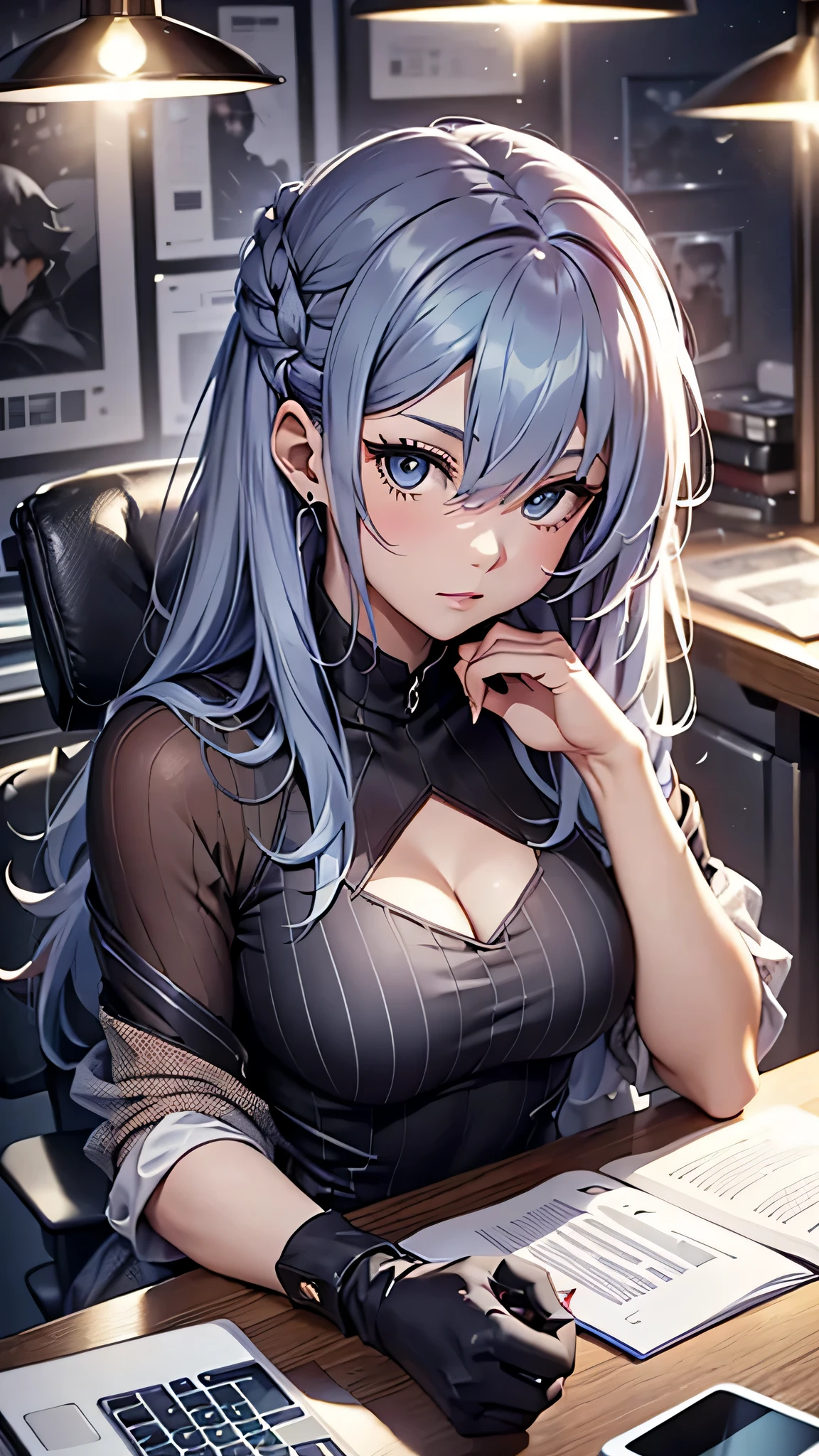最high quality、best image quality、masterpiece、age girl((18-year-old、 By becoming、vest bust、medium bust,wide open breast tea、black eye, gray hair、long hair、thin,highest valley、Black Y-shirt、Black Recruit Suit,Have a document、face forward、sit on a chair、tired face、Using the computer、rest one's chin on one's chin、Dark circles in the eyes)),high quality、beautiful art、background((company office、Affairs machine、office chair、Laptop、Office at night))debris flies、Depth of written boundary、movie、visual art、perfect art、8K,genuine