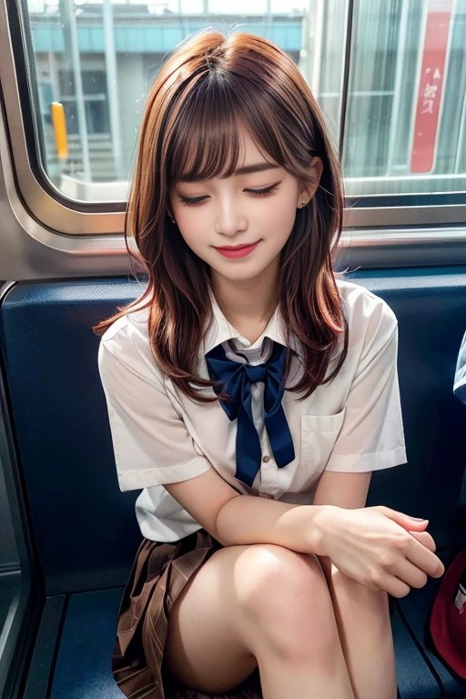 1 名girl, Extremely bright backlight, alone, {Beautiful and delicate eyes}, Autumn morning, big breasts, calm expression, Natural and soft light, Exquisite facial features, blunt bangs, 美丽的韩国girl, Smile in the eyes, very small earrings, 20 years old, ((model pose)), Attractive body shape,(Colorful hair, half red hair、half brown hair:1.2),real hand, on the table, best quality, lifelike, Super detailed, detailed meticulous, high resolution,Brown messy hair, Perfect dynamic composition, Beautiful and delicate eyes, 亚洲girl,((Nervous and embarrassed)),sharp focus,  Beauty combination, girl,(Smile:1.3),(Wearing a brown school uniform,Brown pleated skirt:1.3),(long hair:1.3),(sitting in the train seat.:1.3),(eyes closed:1.3),(tilt your head:1.1),(legs spread:1.4),(Put your hands behind your back:1.3),(i can see:1.5),whole body