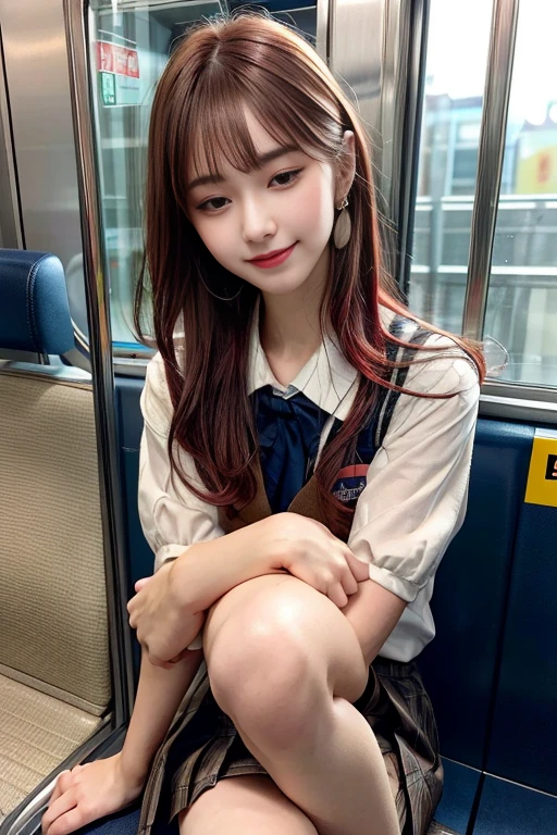 1 名girl, Extremely bright backlight, alone, {Beautiful and delicate eyes}, Autumn morning, big breasts, calm expression, Natural and soft light, Exquisite facial features, blunt bangs, 美丽的韩国girl, Smile in the eyes, very small earrings, 20 years old, ((model pose)), Attractive body shape,(Colorful hair, half red hair、half brown hair:1.2),real hand, on the table, best quality, lifelike, Super detailed, detailed meticulous, high resolution,Brown messy hair, Perfect dynamic composition, Beautiful and delicate eyes, 亚洲girl,((Nervous and embarrassed)),sharp focus,  Beauty combination, girl,(Smile:1.3),(Wearing a brown school uniform,Brown pleated skirt:1.3),(long hair:1.3),(sitting in the train seat.:1.3),(eyes closed:1.3),(tilt your head:1.1),(legs spread:1.4),(Put your hands behind your back:1.3),(i can see:1.5),whole body