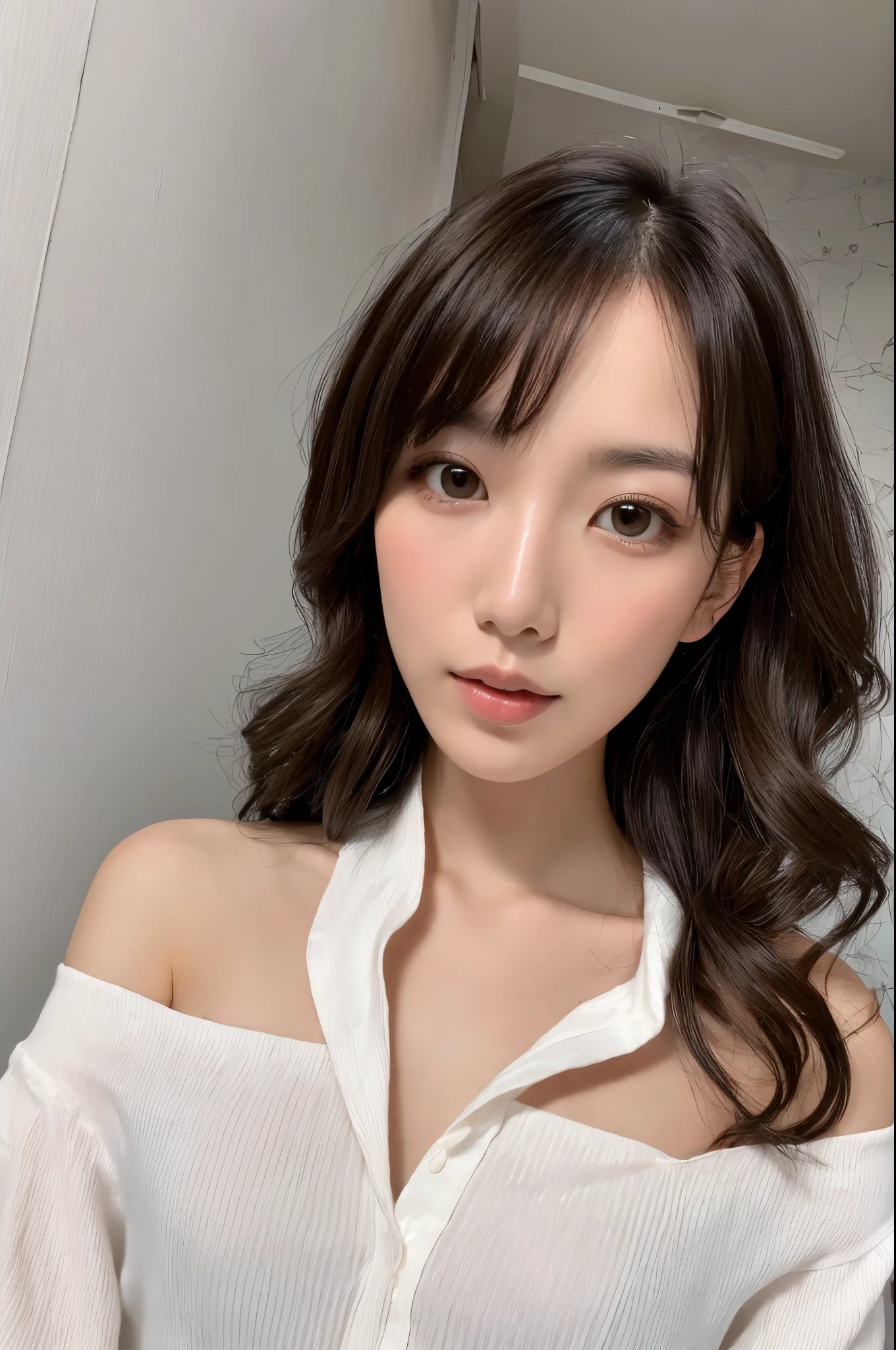 (Best quality, High resolution, Masterpiece :1.3), A Japanese lady, cute face, Slender abs, Dark brown hair styled in loose waves, Small breasts, Very thin waist, Wearing pendant, White button up shirt, Belt, Black skirt, (Modern architecture in background), Details exquisitely rendered in the face and skin texture, Detailed eyes, Double eyelid