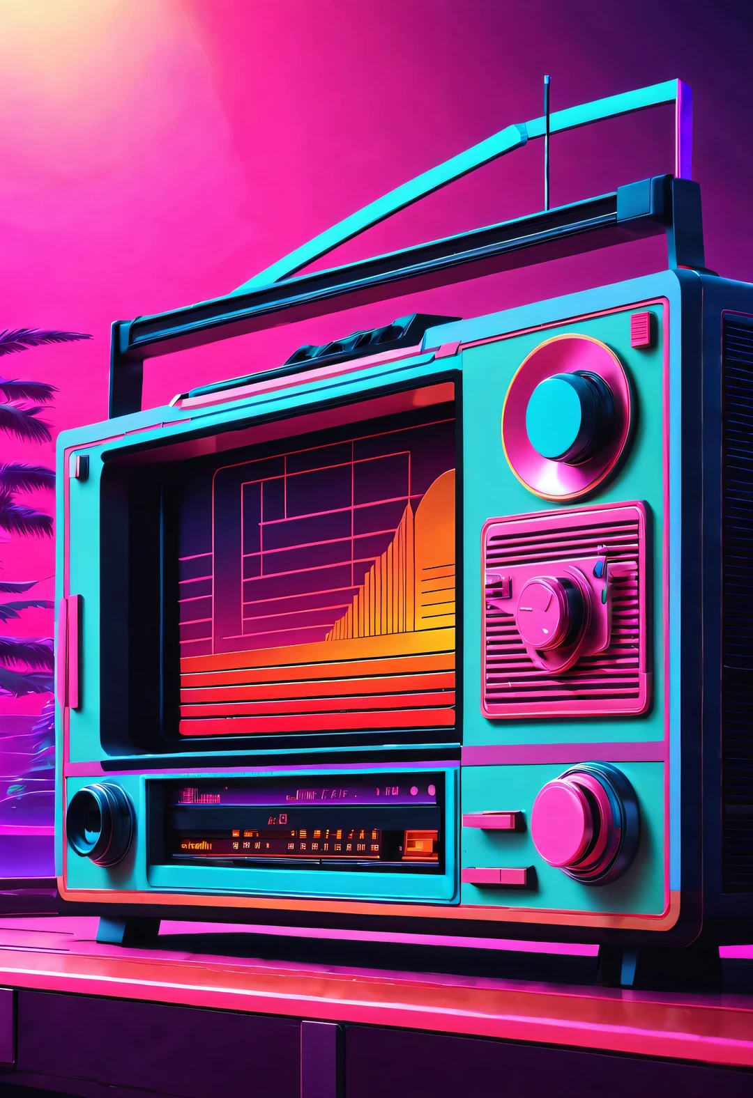 (best quality,4K,8k,high resolution,masterpiece:1.2),Super detailed,actual, bright colors, Vivid lighting, vaporwave style, intricate illustration,, dramatic lighting, Popular topics on Artstation, Award-winning, Icons are very detailed, in style of vaporwave, Beautiful detailed,Color rad retro poster , a close up of a radio with a radio receiver and a radio receiver, Ghetto Demoman, radio, big Ghetto Demoman, radios, speaker, futuristic house, stunning images, Retro w 1 0 2 4, tape, Vintage electronics, 1 9 8 0 Technology, In the seventies, tape卡座, radio equipment, tape futurist, 8k ,Dan Mumford style, master of ukiyo-e, Vibrant stage backdrop,pixel style,vaporwave