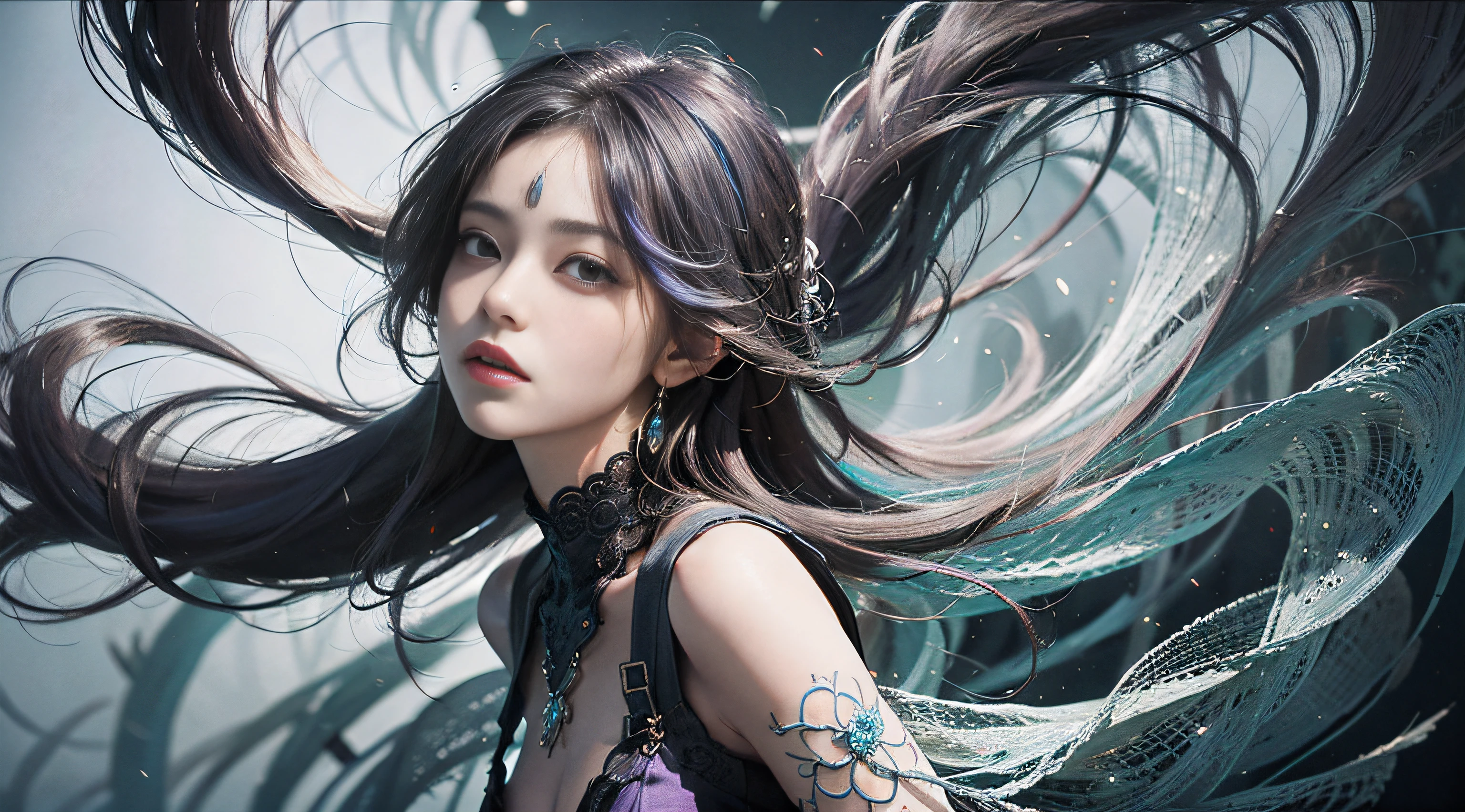 1 girl, solo, Wrap your hands around your chest, (full body:1.5), (Hair covers the chest and lower body:1.5), (No dressing:1.2), (topless:1.2),abyssal, dark blue hair, curly hair, ribbon, closed eyes, parted lips, expressionless, curtained hair, hair over shoulder, Romanticism, god rays, vignetting,panorama, underwater shot, emphasis lines, vanishing point, from below, (masterpiece), anatomically correct, (super detail), high details, high quality, (best quality), 8k