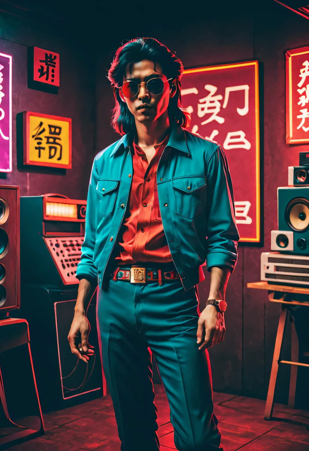 （Chinese character design in the 1980s），Very unified cg scene design，vaporwave style,vaporwave style，Retro Style，
（Chinese young people in a rock and roll dance hall in the 1980s），（whole body），（Long hair and big waves），（The hair on the sideburns is very long）（Wear men's clothing&#39;Red plaid shirt popular in China in the 1980s），（Blue flared pants），（Wear gold-framed aviator glasses that were popular in the 1980s），（In his hand he holds a large vintage tape recorder from the 1980s.），standing next to each other with a speaker, speaker, retro and 1 9 80s style, 1980 style, 1 9 80s style, 1980s style,old brick walls, 8 0 styles, Since the 1970s, 80s style, 80s style，Rich details，中国1980s style，
vaporwave style, Beautiful detailed， Lo-fi photography style, ESTILO RETROFUTURISMO, ultra modern style, Vintage photography style, cyberpunk style, dystopians style，Glitch art style, Beautiful detailed