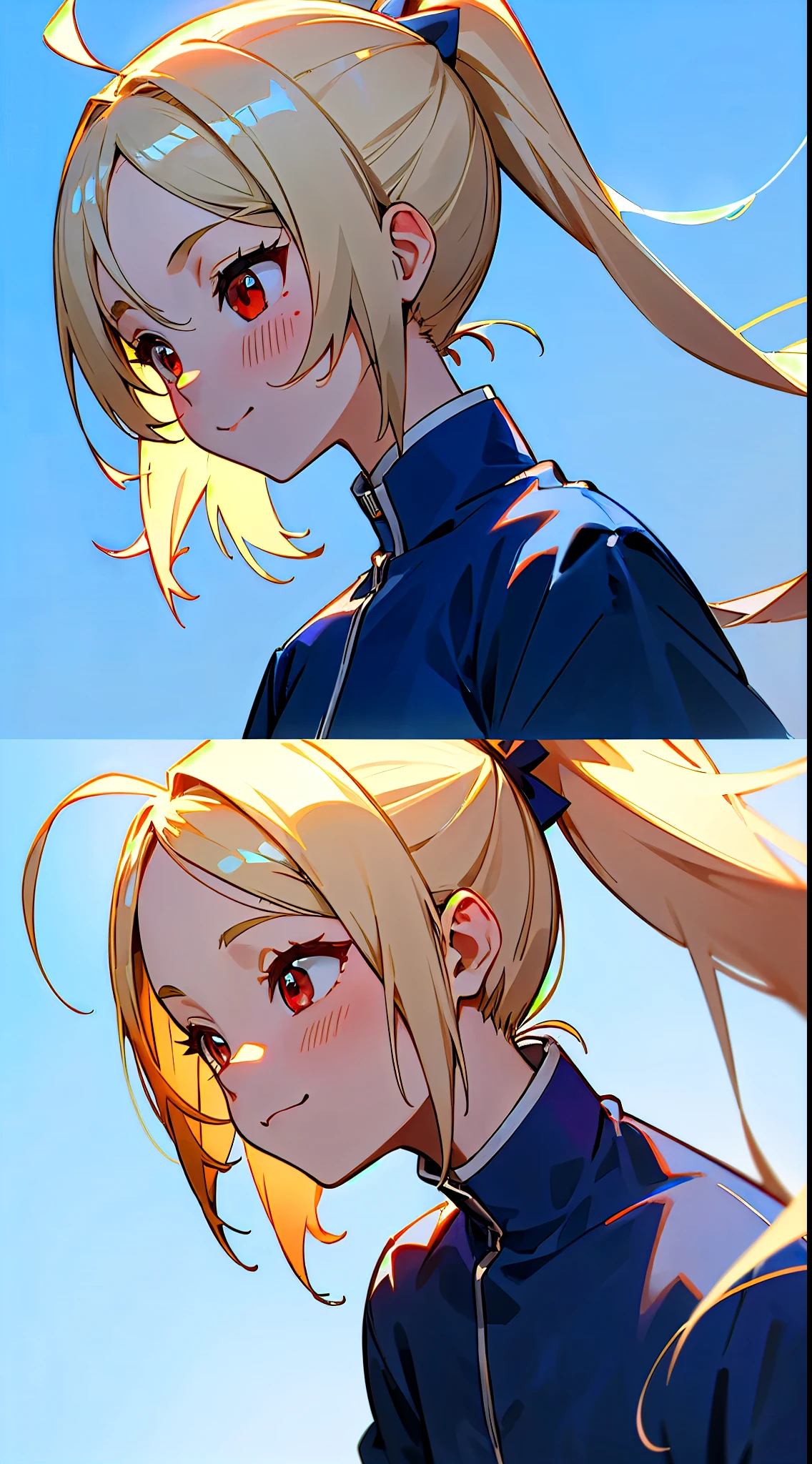 1 girl、blonde ponytail、Ahoge、big round red eyes、profile、sky blue solid color background、pure blue background、Dark blue background、Warm tone、Warm Light、Healing Line、(highest quality、muste piece、8K)、white t-shirt、smile、楽しそうにsmile、Upper body close-up、anime style、wallpaper、Avatar、Head close-up --v6